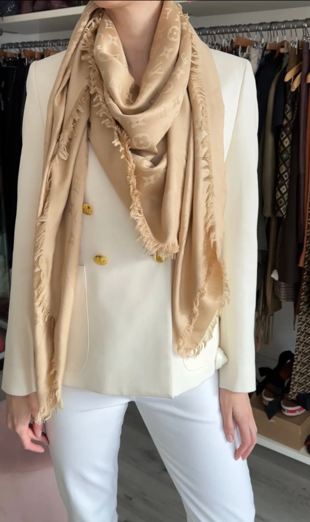 Louis Vuitton Beige Monogram Classic Silk Shawl Scarf