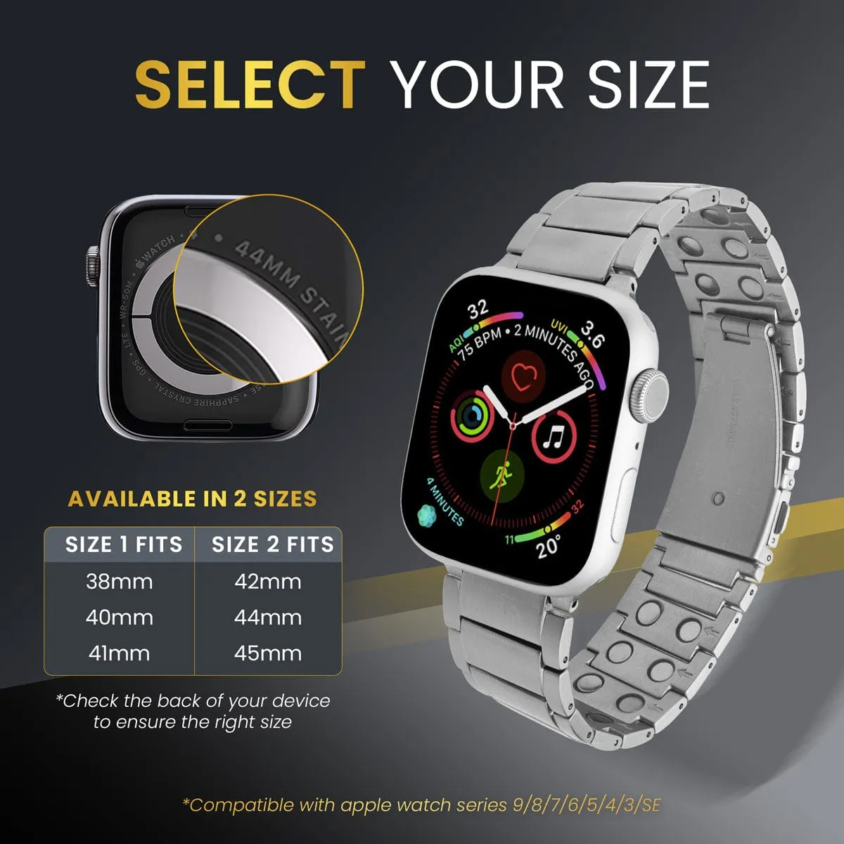 Magnetic Therapy Apple Watch Band Silver Stainless Steel