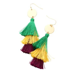 Mardi Gras Metal Disc Triple Layered Tassel Dangle Earrings