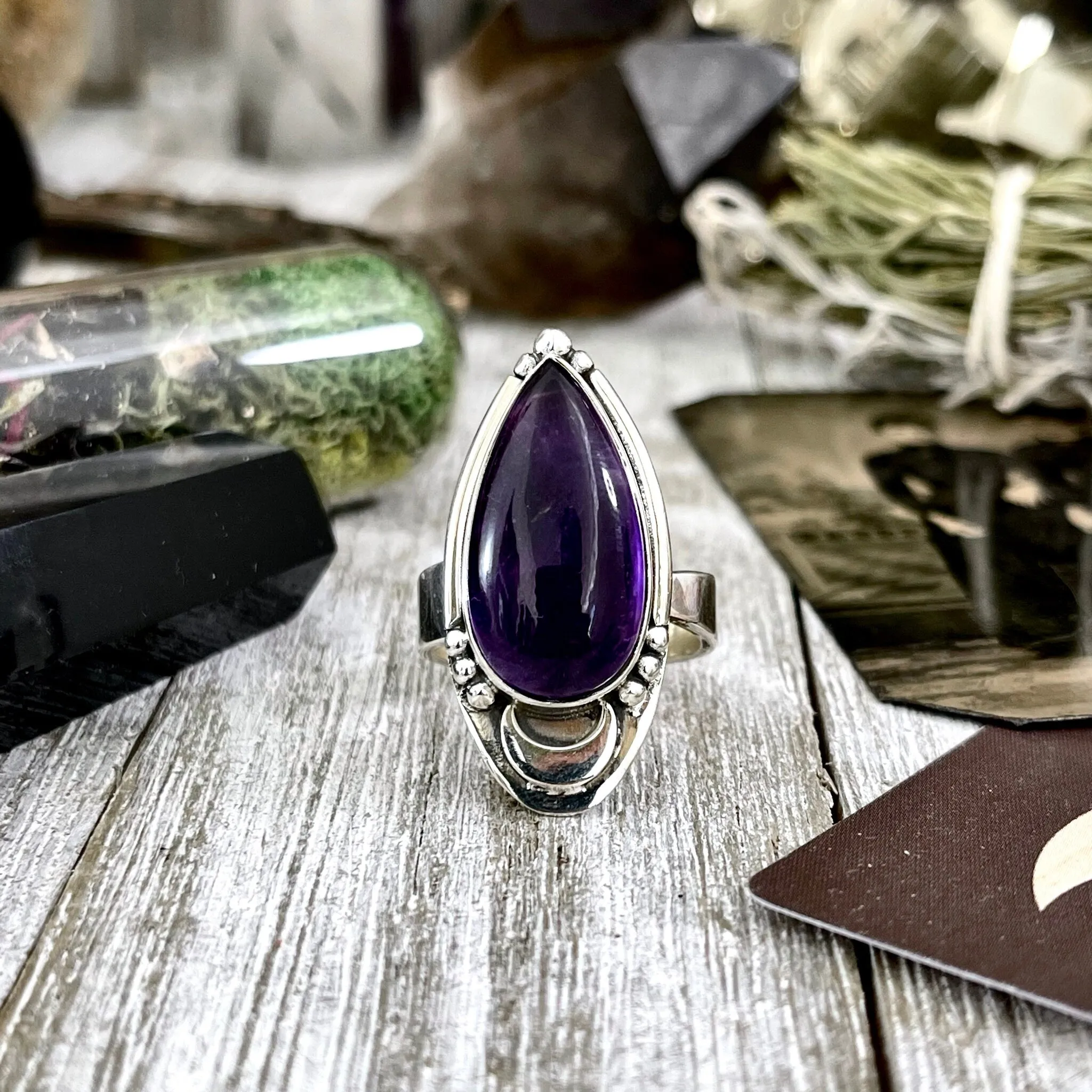 Midnight Moon Amethyst Teardrop Crystal Ring in Solid Sterling Silver- Designed by FOXLARK Collection Adjustable to Size 6 7 8 9 / Purple