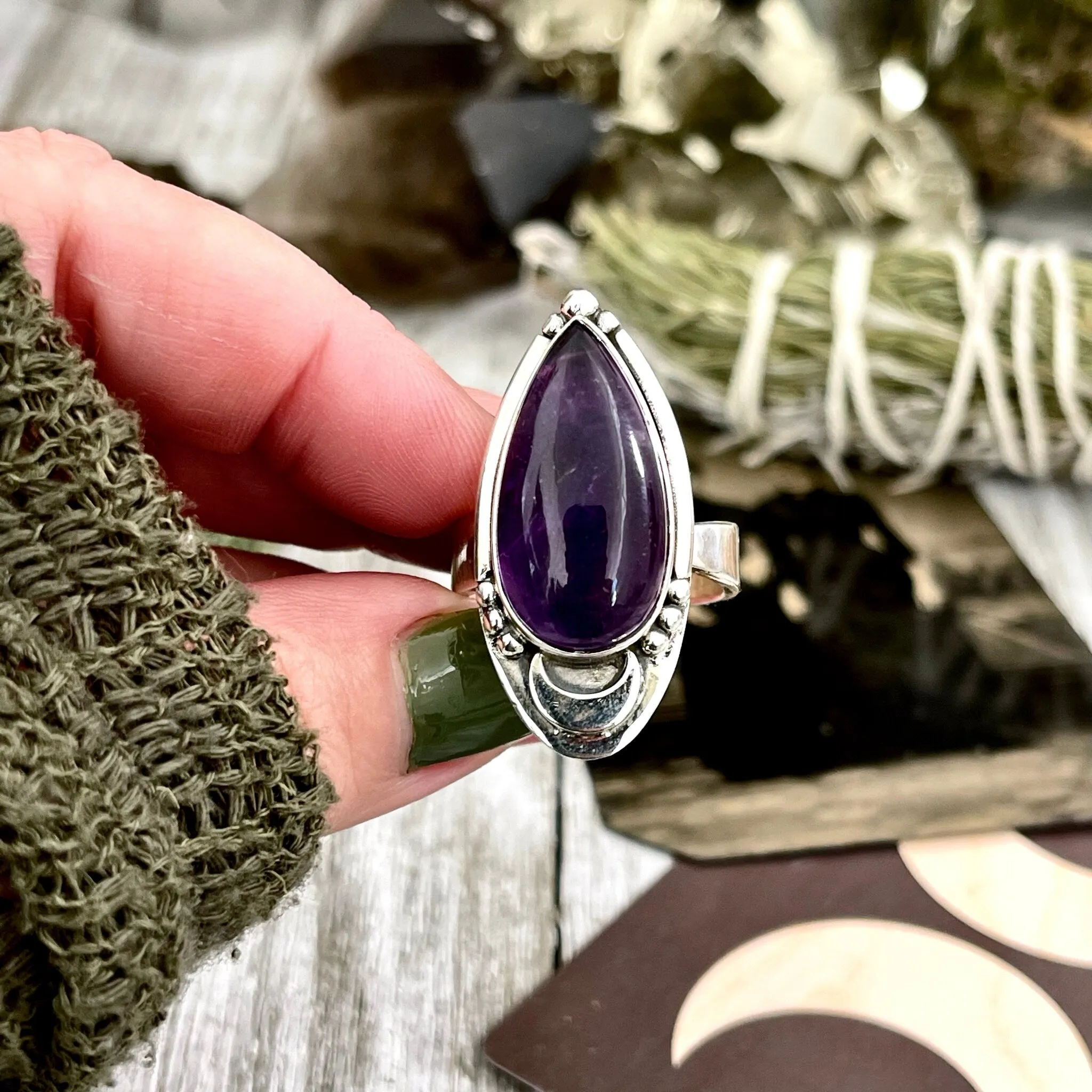 Midnight Moon Amethyst Teardrop Crystal Ring in Solid Sterling Silver- Designed by FOXLARK Collection Adjustable to Size 6 7 8 9 / Purple