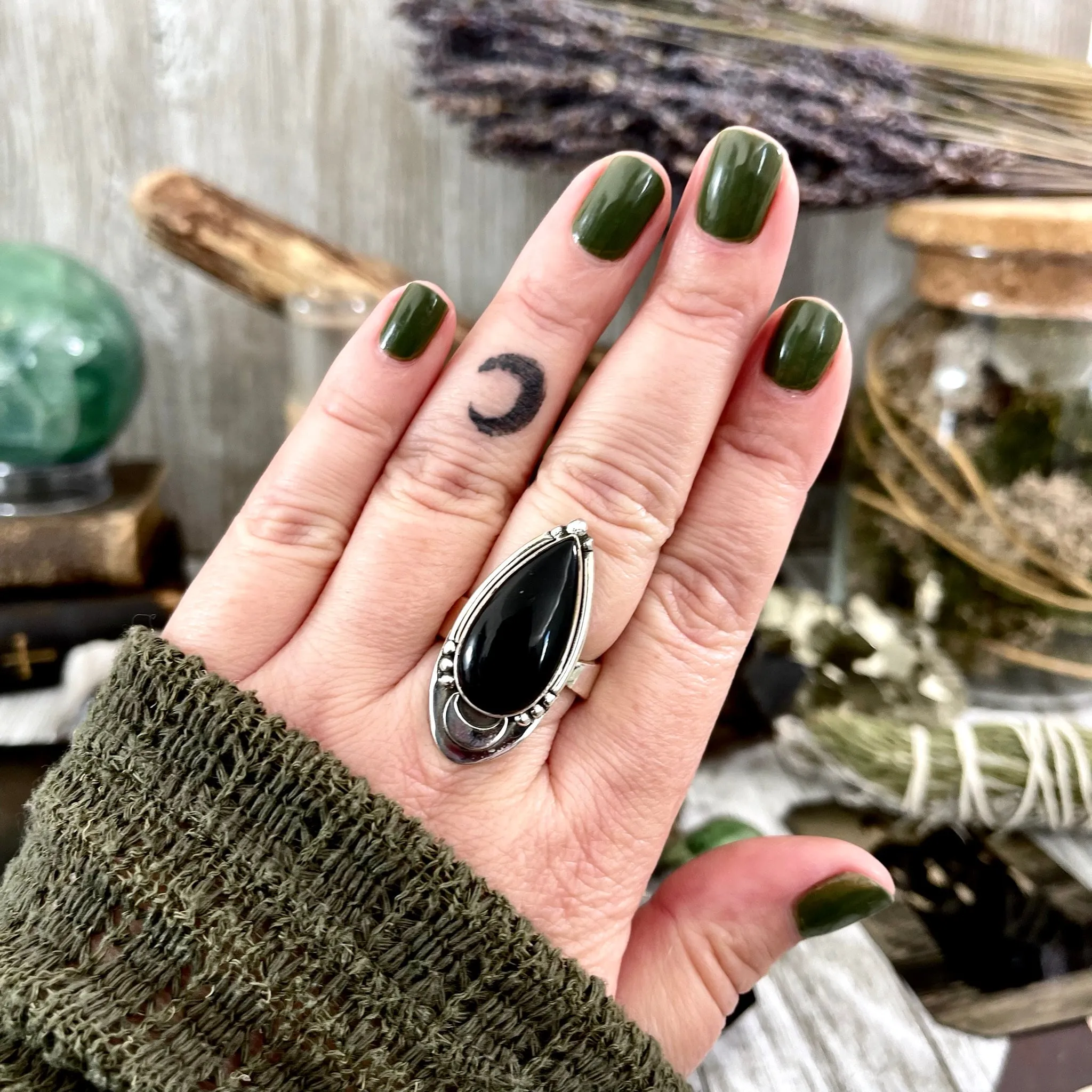 Midnight Moon Crystal Ring Black Obsidian in Sterling Silver / Designed by FOXLARK Adjustable to Size 6 7 8 9 Gemstone Jewelry Goth Ring