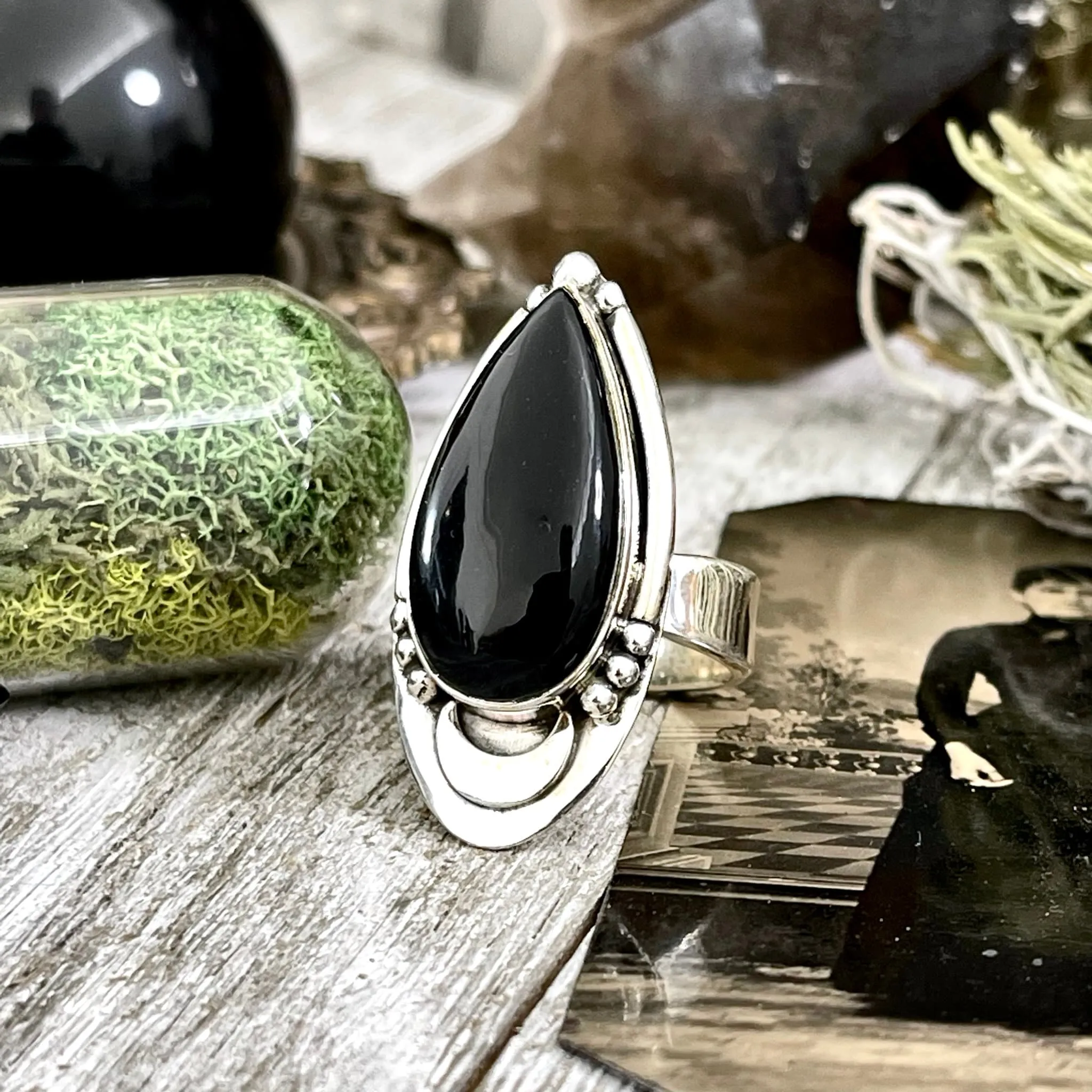 Midnight Moon Crystal Ring Black Obsidian in Sterling Silver / Designed by FOXLARK Adjustable to Size 6 7 8 9 Gemstone Jewelry Goth Ring