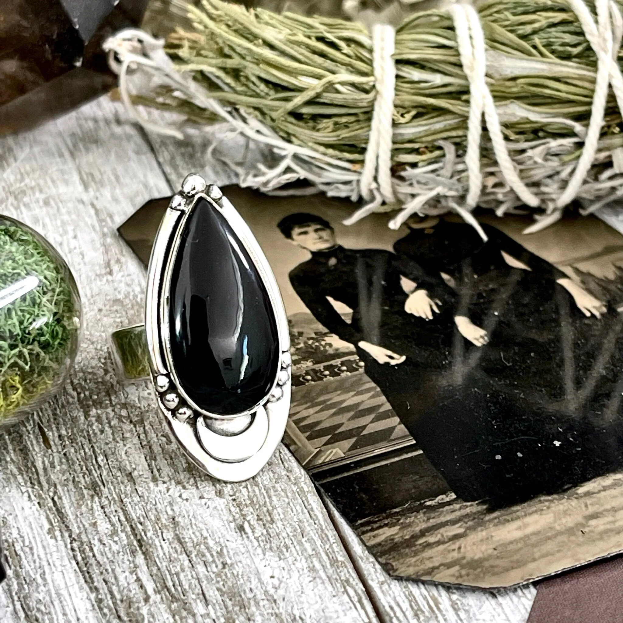 Midnight Moon Crystal Ring Black Obsidian in Sterling Silver / Designed by FOXLARK Adjustable to Size 6 7 8 9 Gemstone Jewelry Goth Ring