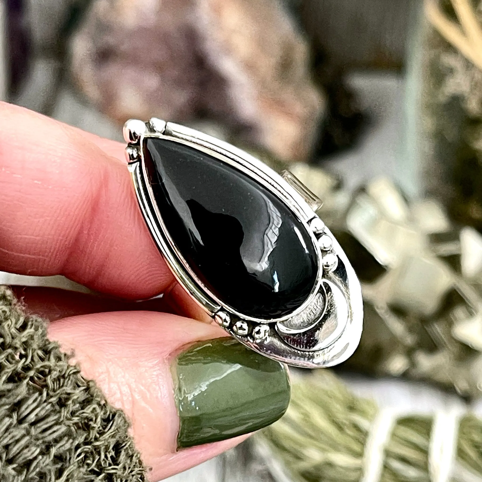 Midnight Moon Crystal Ring Black Obsidian in Sterling Silver / Designed by FOXLARK Adjustable to Size 6 7 8 9 Gemstone Jewelry Goth Ring