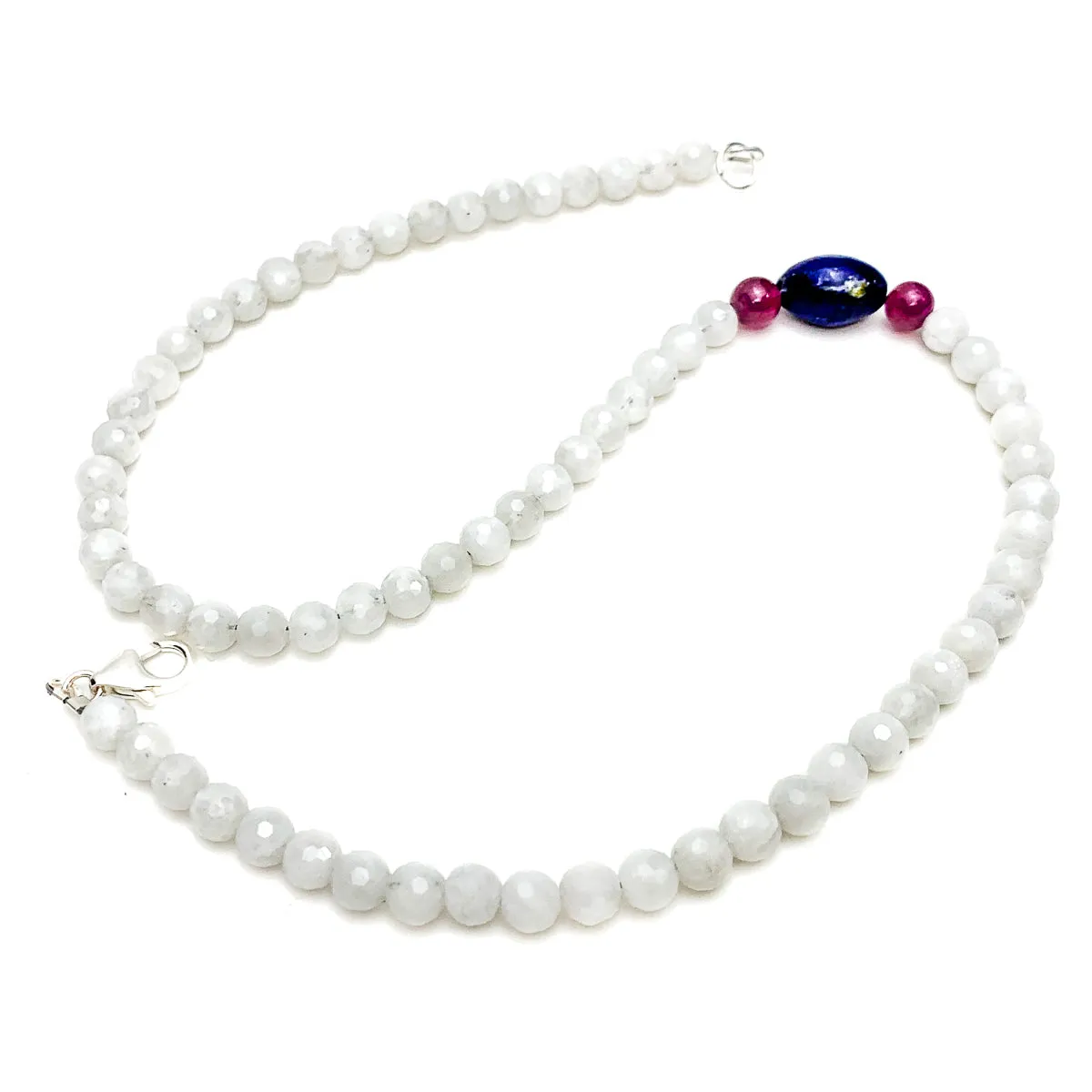 Moonstone, Lapis Lazuli and Pink Sapphire Necklace With Sterling Silver Trigger Clasp