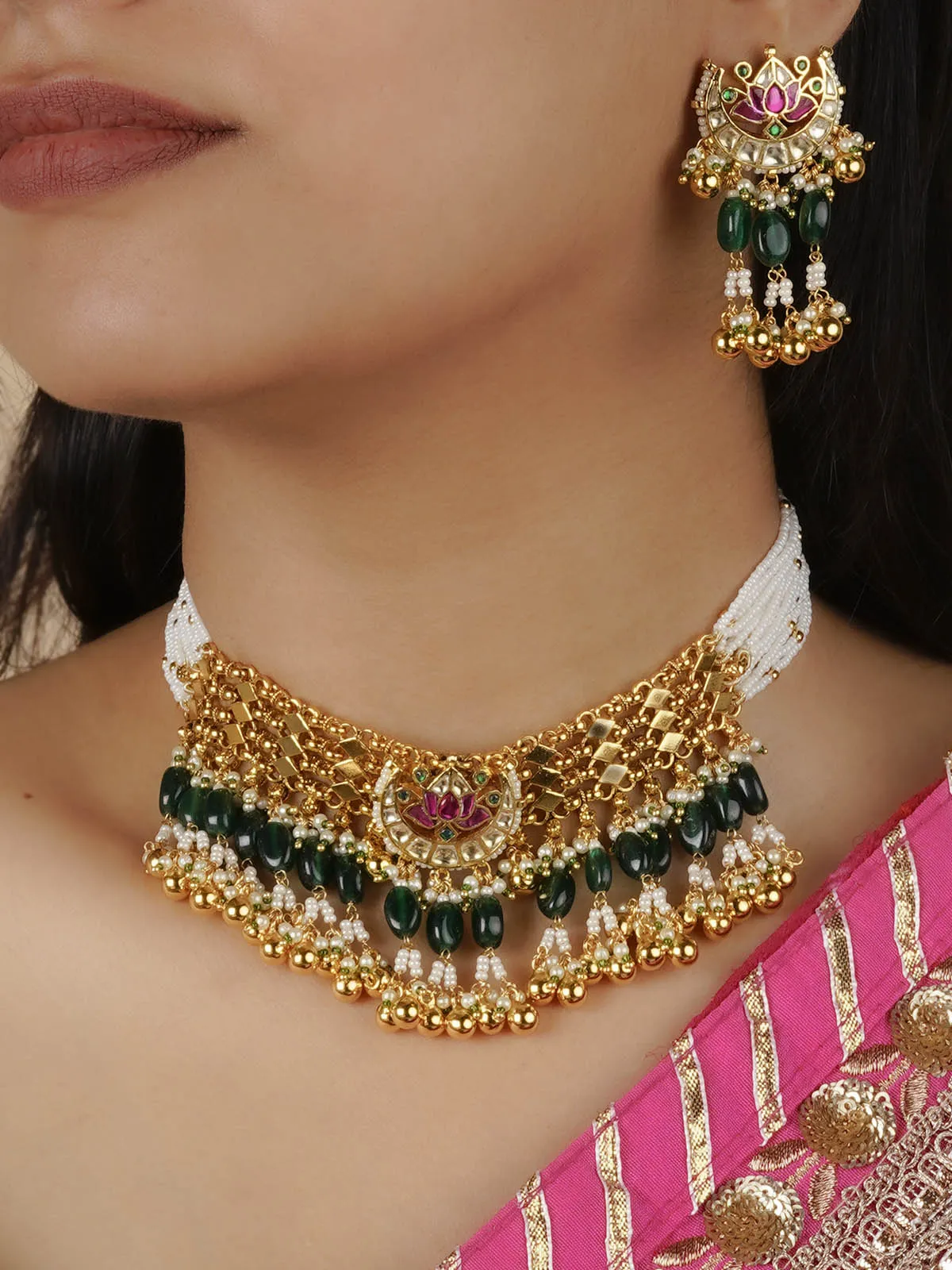 Multicolor Gold Plated Jadau Kundan Necklace Set - MS1777M