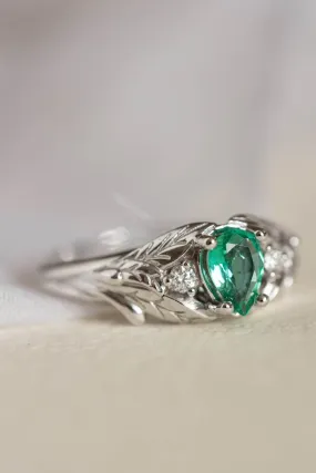 Natural emerald engagement ring, white gold leaf ring with accent diamonds / Wisteria