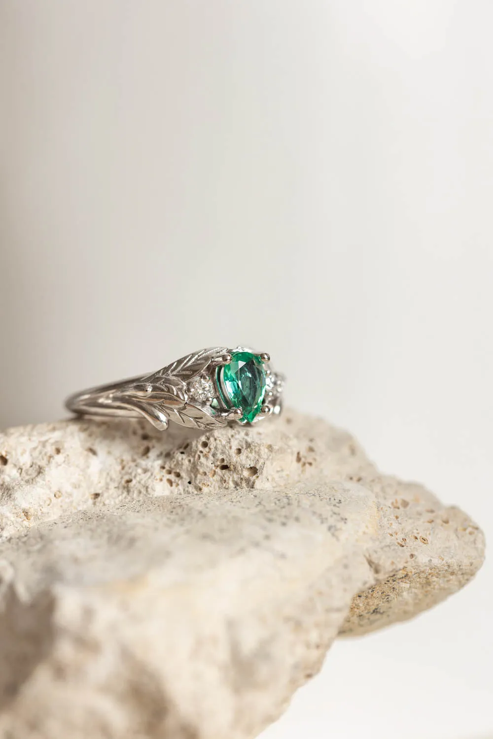 Natural emerald engagement ring, white gold leaf ring with accent diamonds / Wisteria