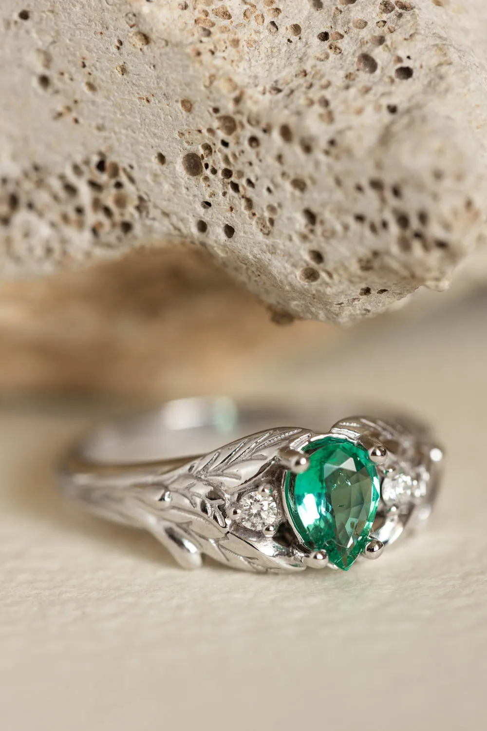 Natural emerald engagement ring, white gold leaf ring with accent diamonds / Wisteria