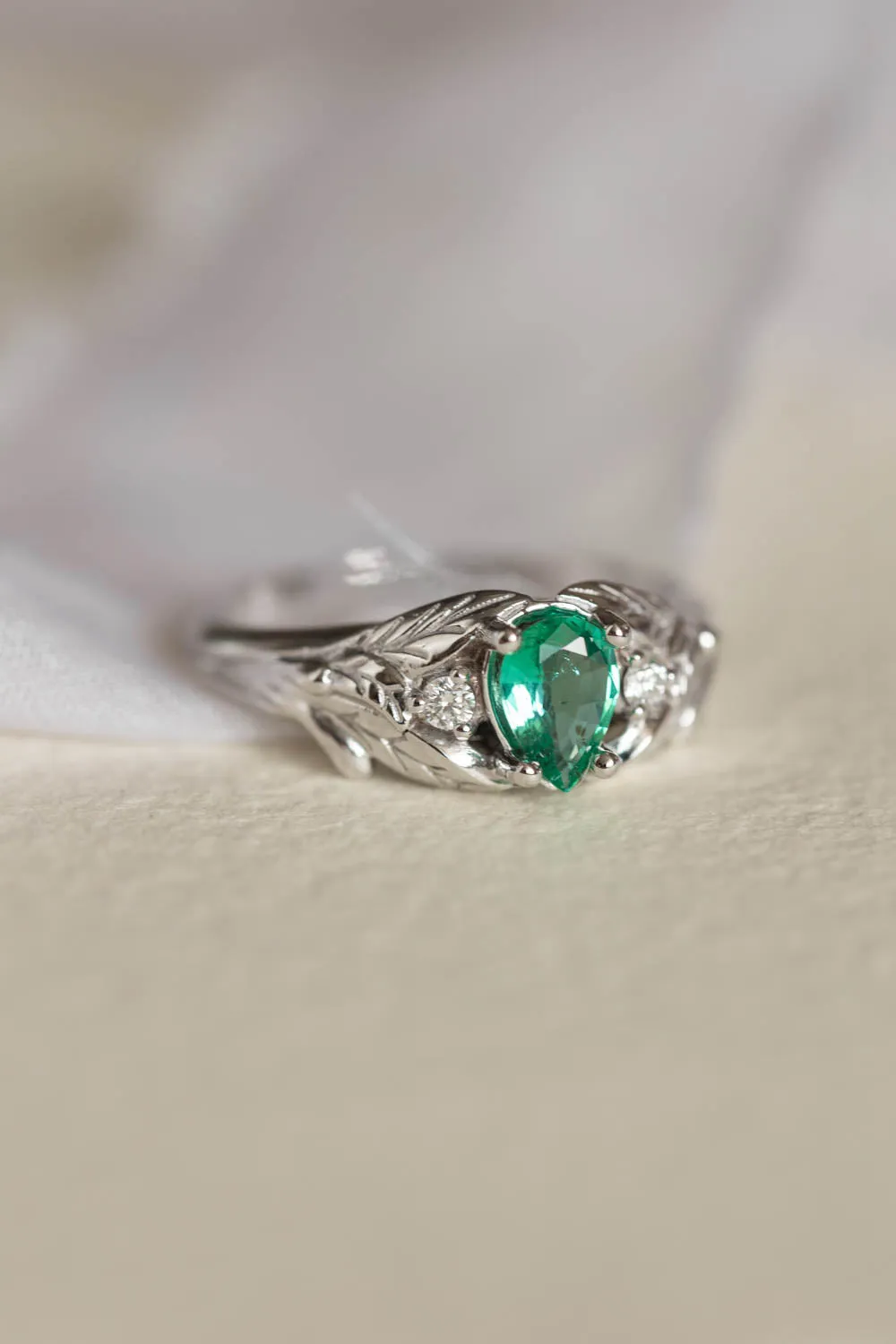 Natural emerald engagement ring, white gold leaf ring with accent diamonds / Wisteria