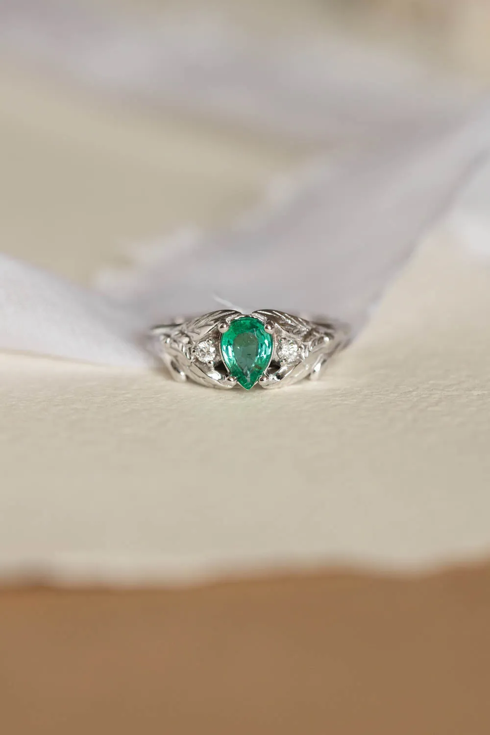 Natural emerald engagement ring, white gold leaf ring with accent diamonds / Wisteria