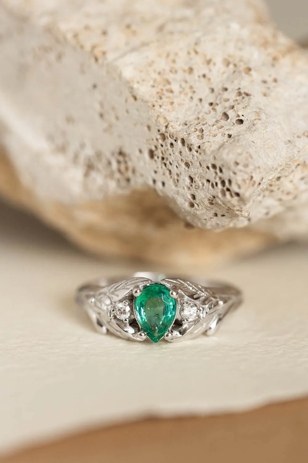 Natural emerald engagement ring, white gold leaf ring with accent diamonds / Wisteria