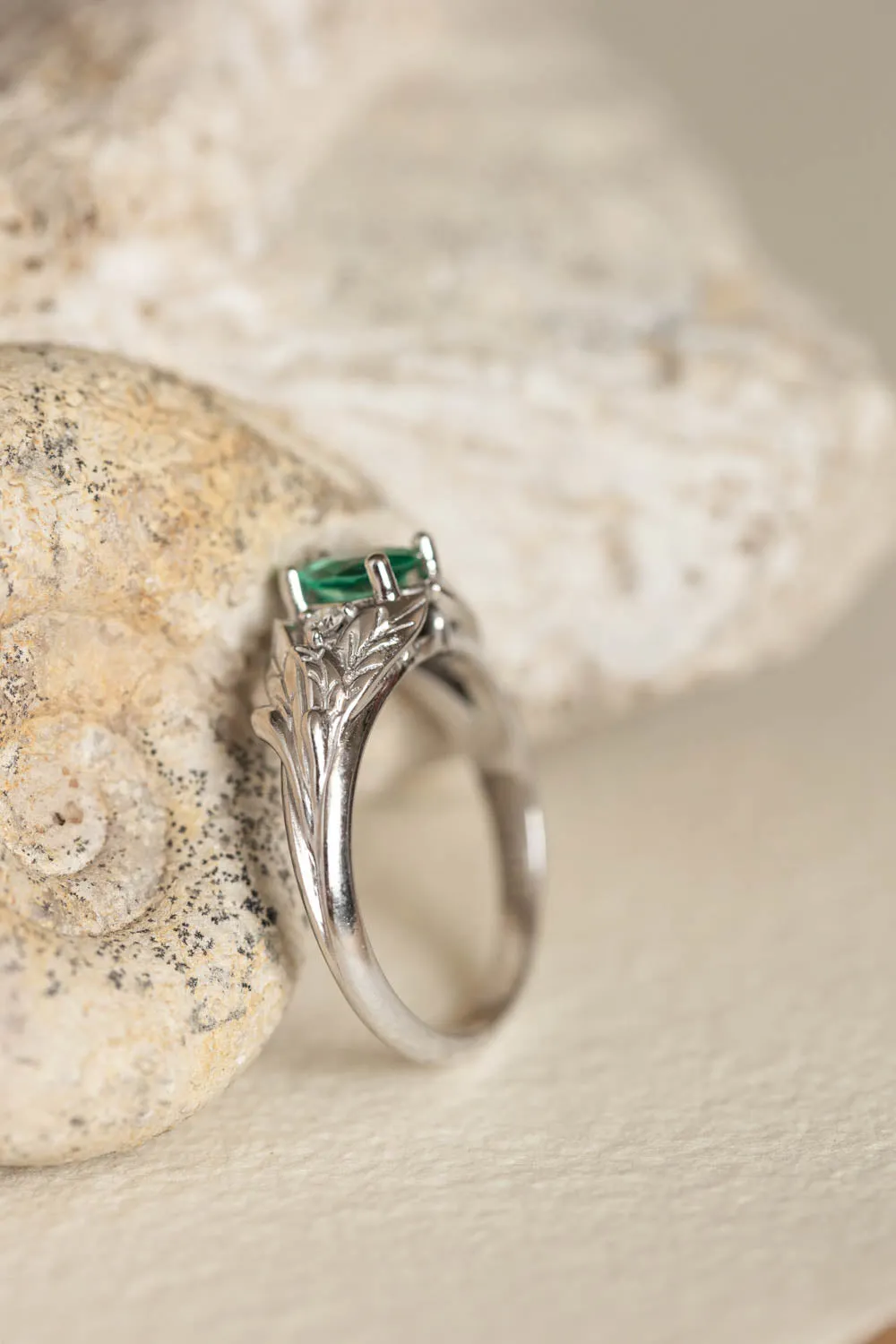 Natural emerald engagement ring, white gold leaf ring with accent diamonds / Wisteria