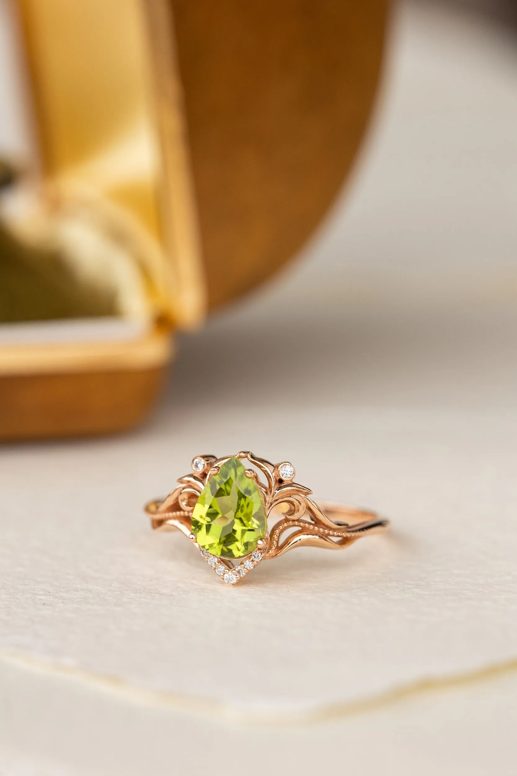 Natural peridot engagement ring, teardrop gemstone proposal ring / Lida small