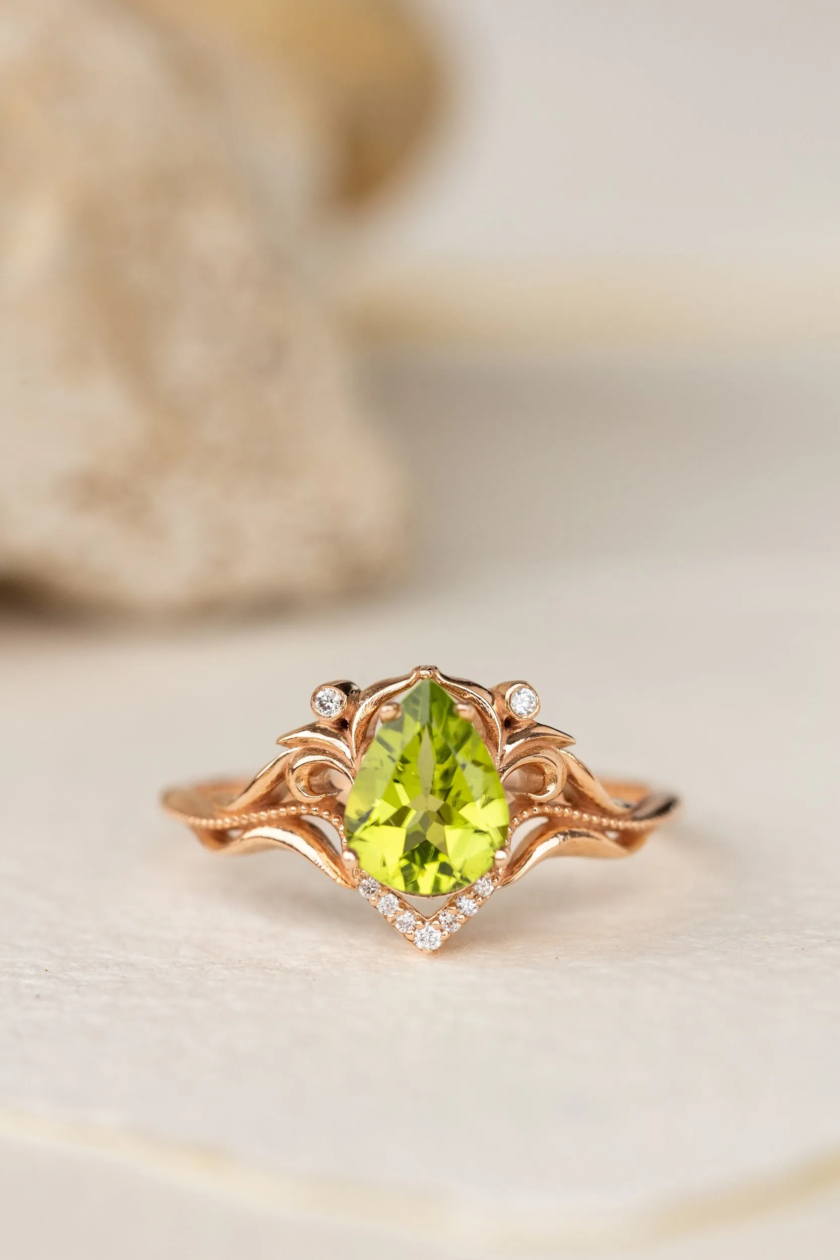 Natural peridot engagement ring, teardrop gemstone proposal ring / Lida small