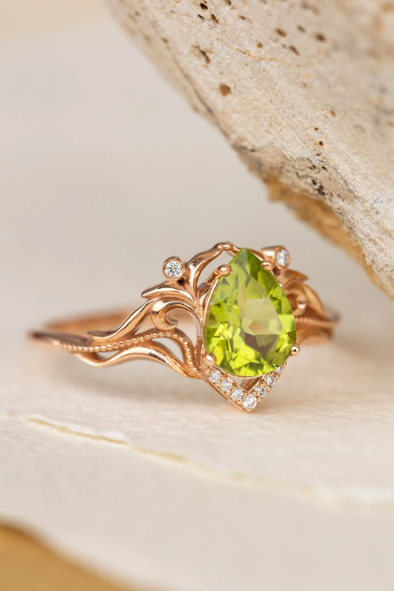 Natural peridot engagement ring, teardrop gemstone proposal ring / Lida small