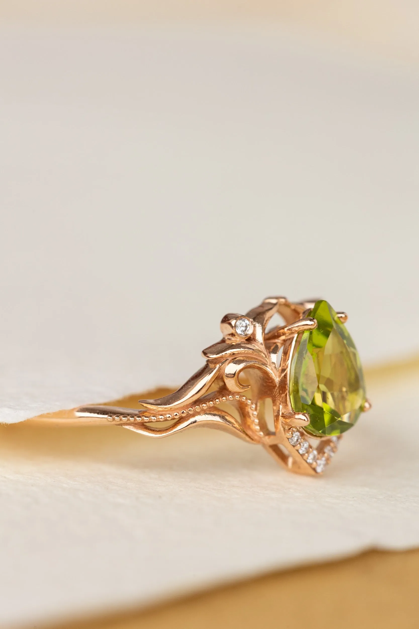 Natural peridot engagement ring, teardrop gemstone proposal ring / Lida small