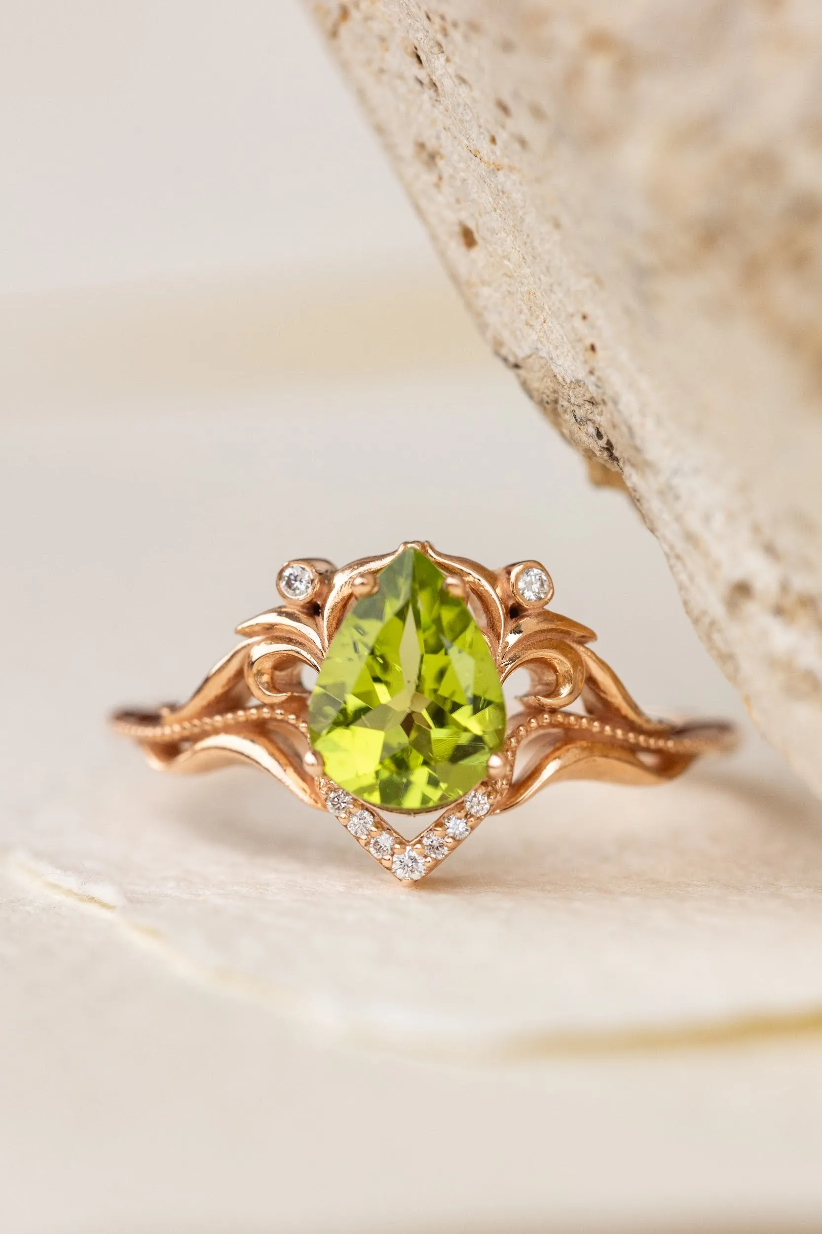 Natural peridot engagement ring, teardrop gemstone proposal ring / Lida small