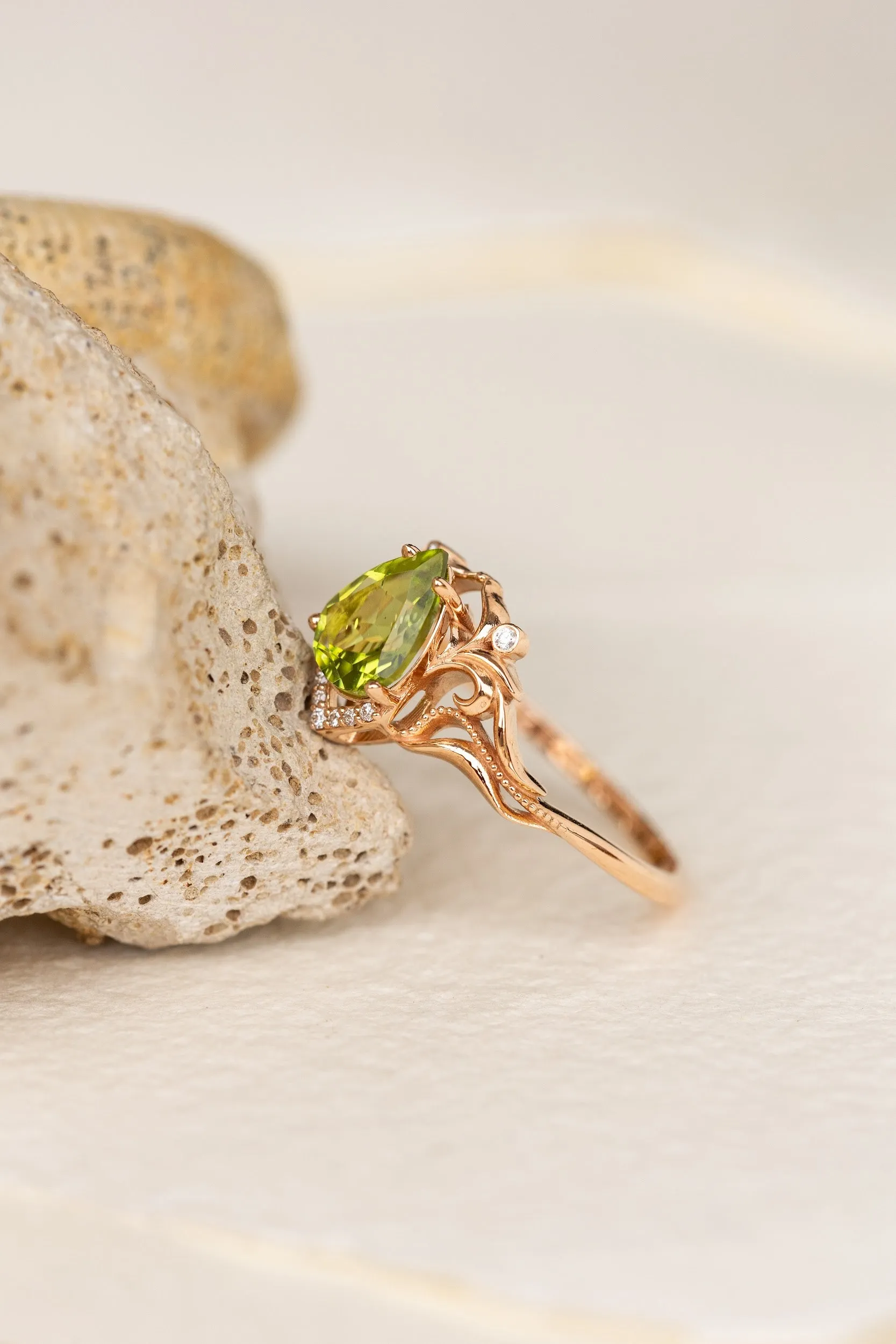 Natural peridot engagement ring, teardrop gemstone proposal ring / Lida small