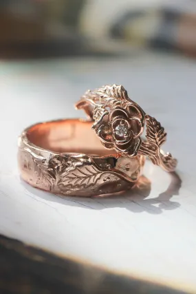 Nature wedding bands set: wide ring for him, rose flower ring for her