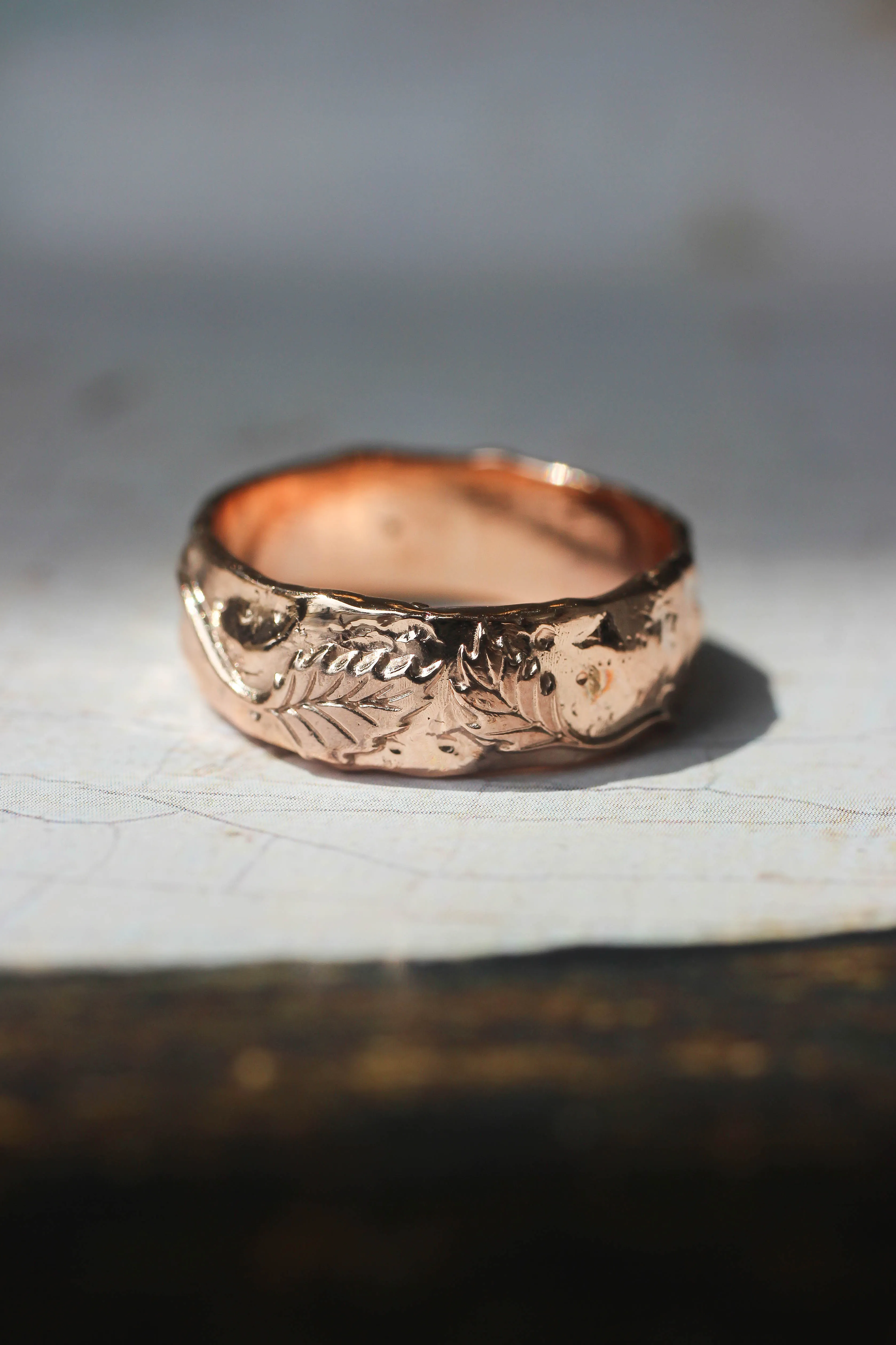 Nature wedding bands set: wide ring for him, rose flower ring for her