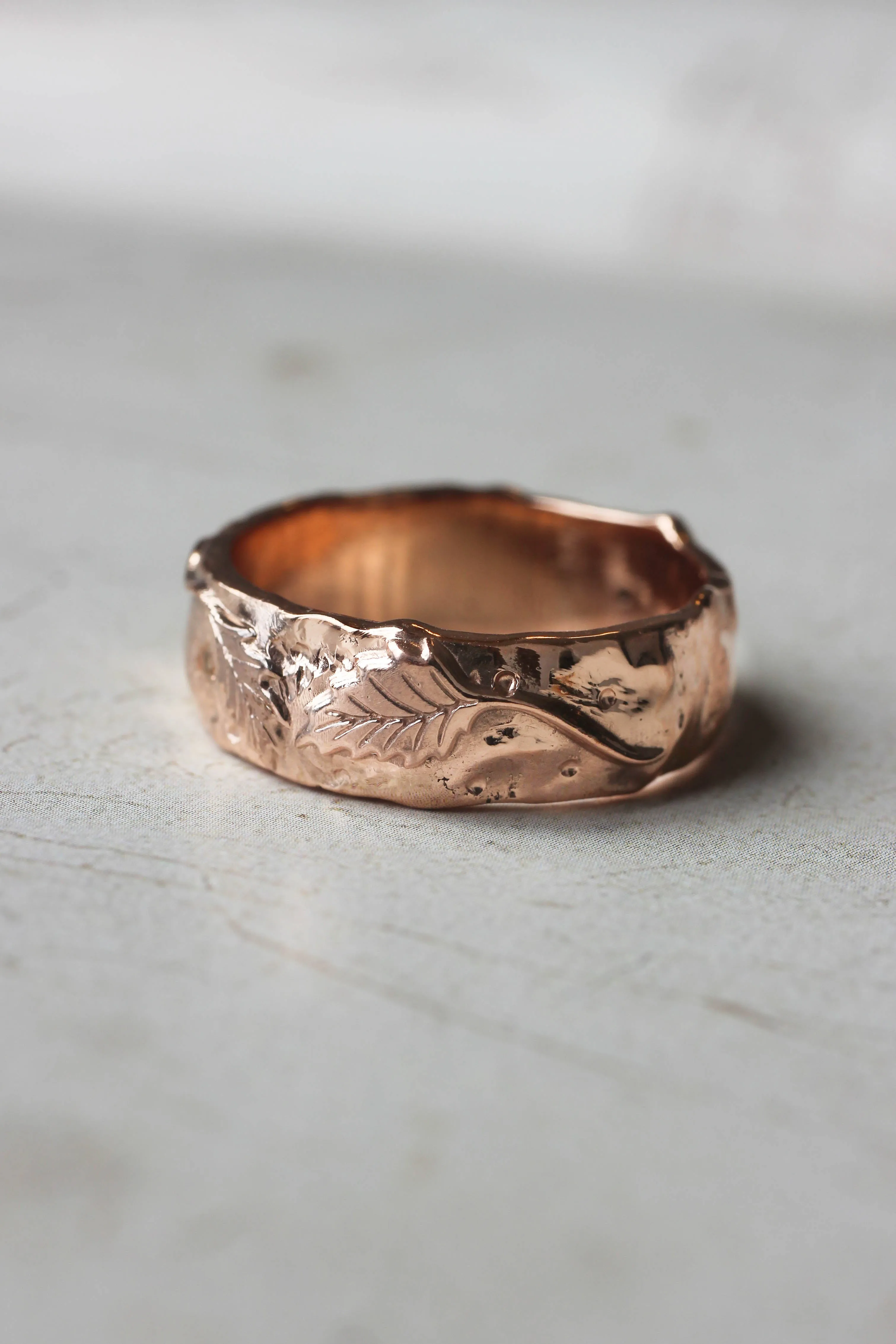 Nature wedding bands set: wide ring for him, rose flower ring for her