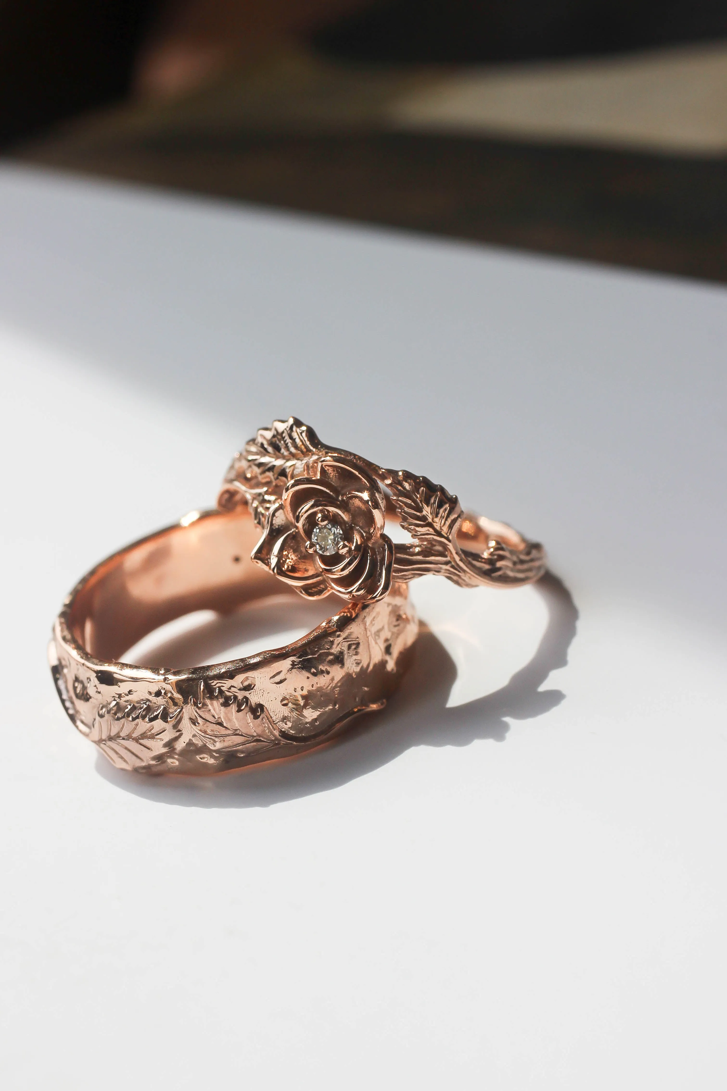 Nature wedding bands set: wide ring for him, rose flower ring for her