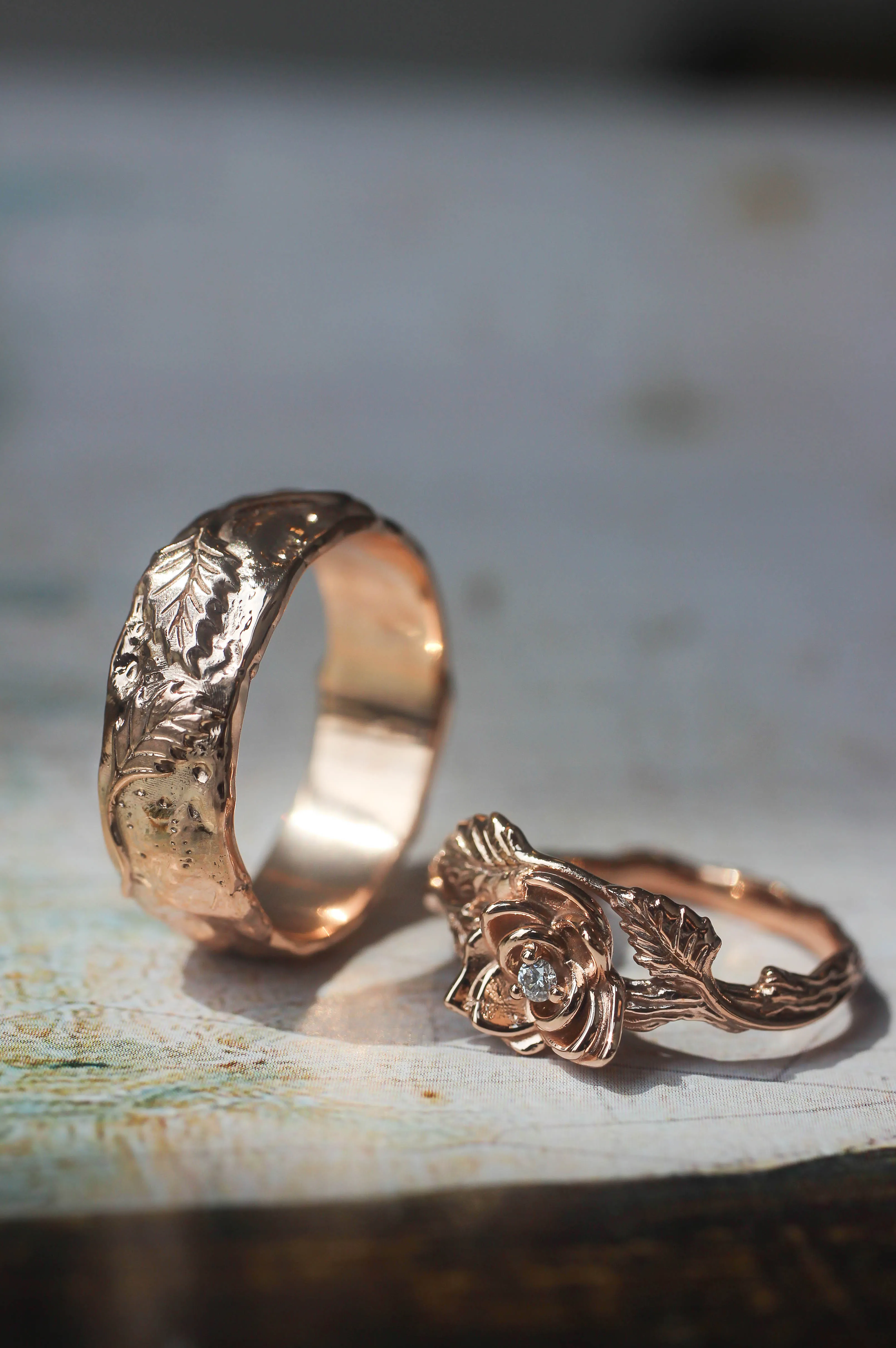 Nature wedding bands set: wide ring for him, rose flower ring for her