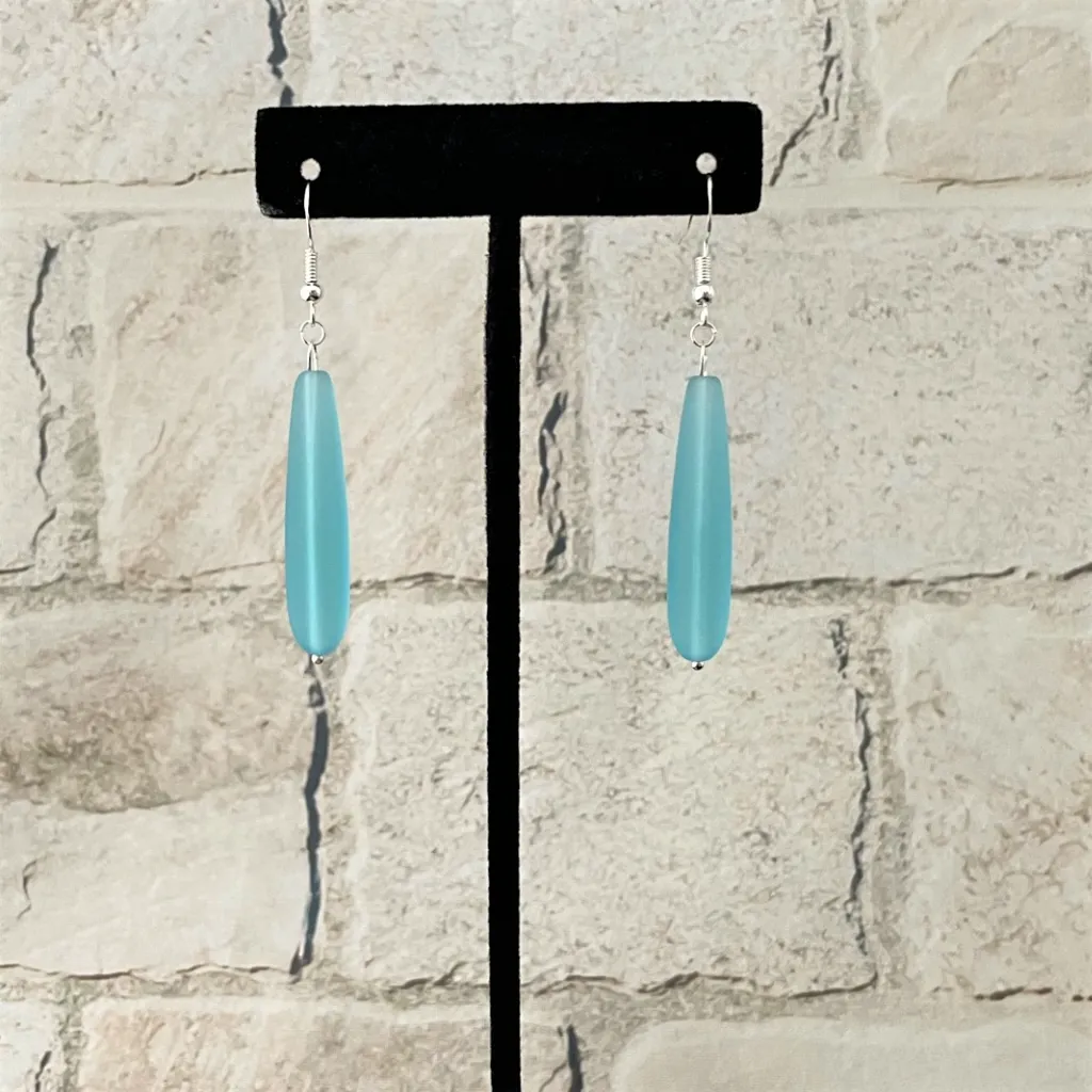 Ocean Blue Matte Glass Long Teardrop Earrings