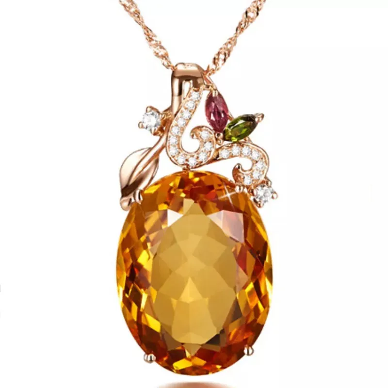 Oval Citrine Gemstone Pendant Classic Rose Gold Necklace