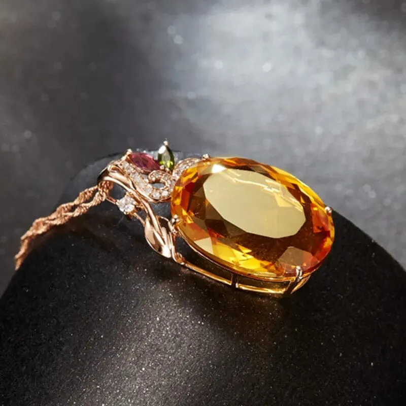 Oval Citrine Gemstone Pendant Classic Rose Gold Necklace