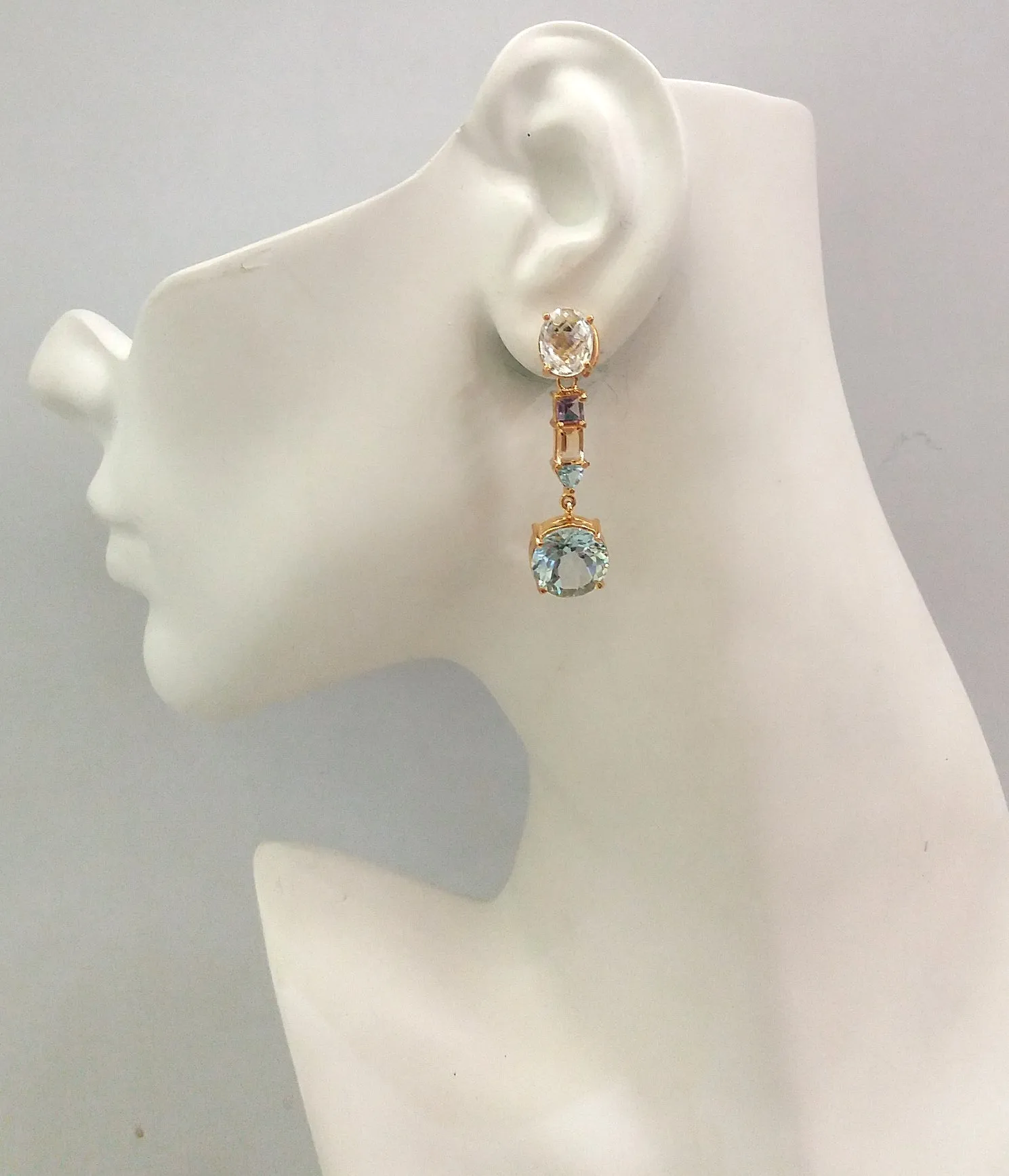 Oval White Topaz Studs with Amethyst, Citrine & Round Blue Topaz detachable dangle Twinset Earrings