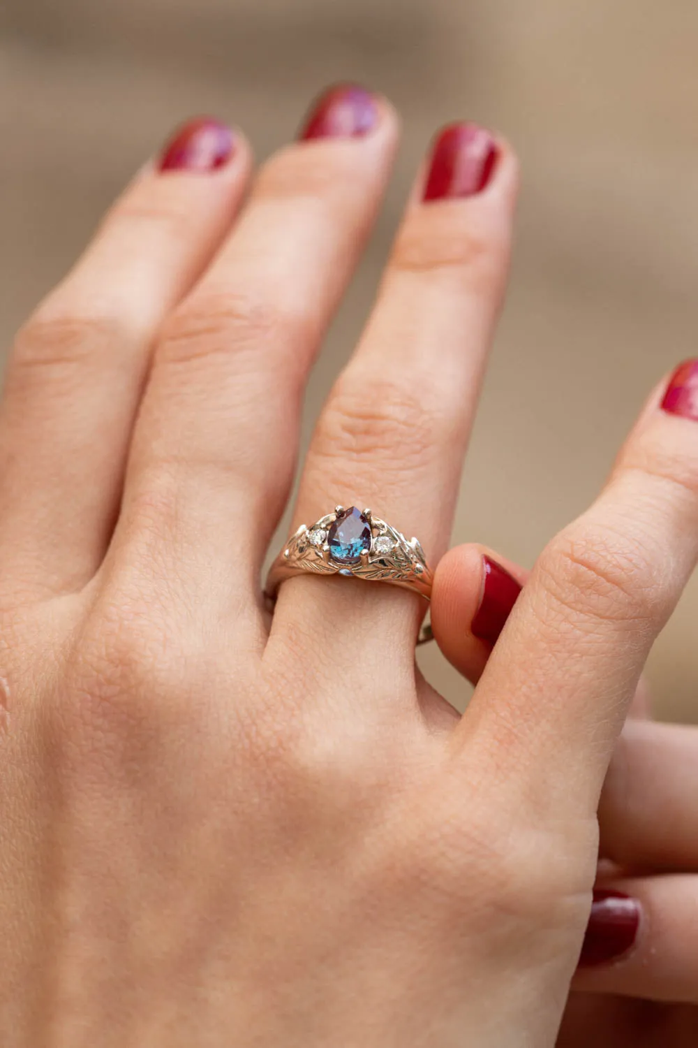 Pear alexandrite ring with diamonds, leaf engagement ring / Wisteria