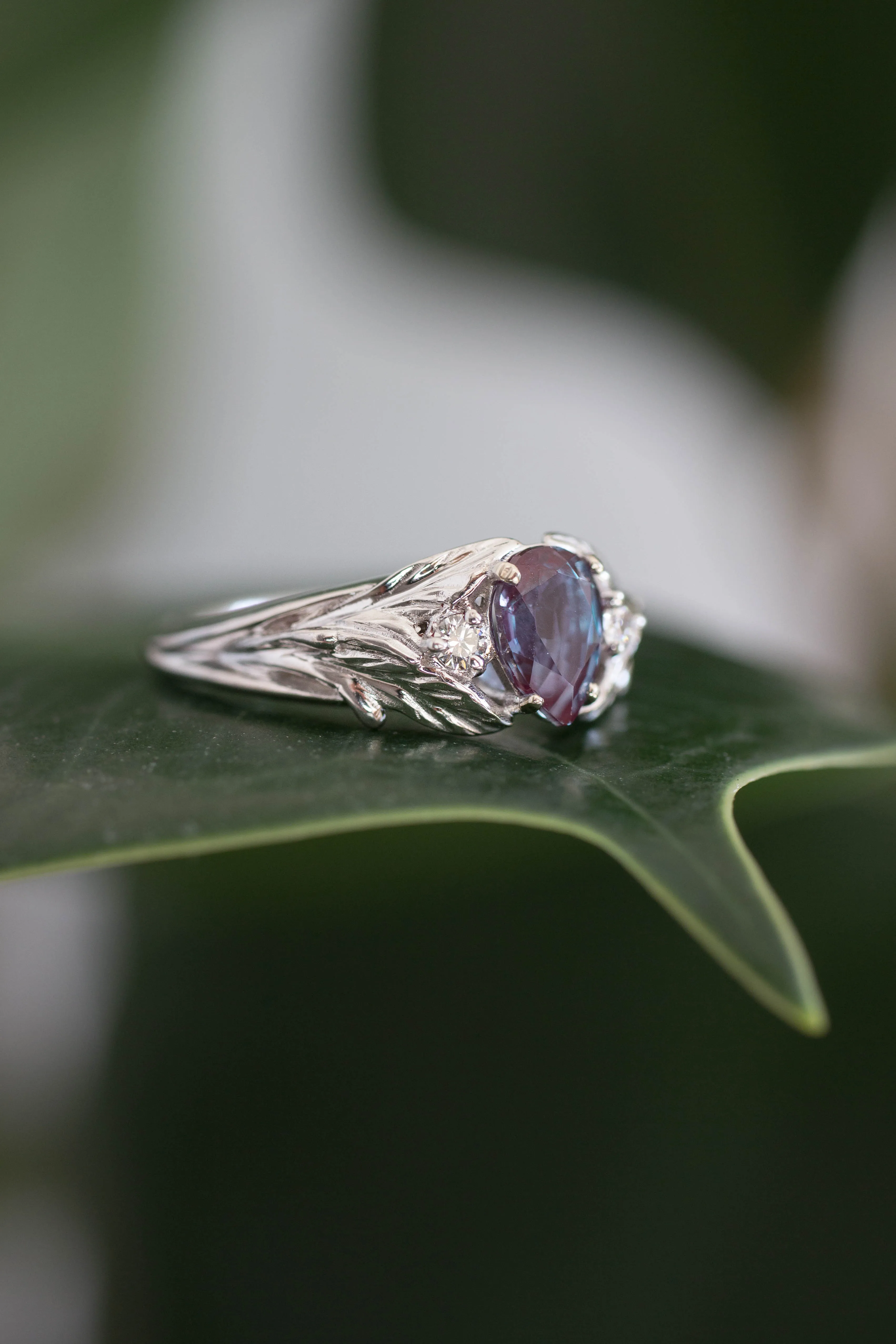 Pear alexandrite ring with diamonds, leaf engagement ring / Wisteria