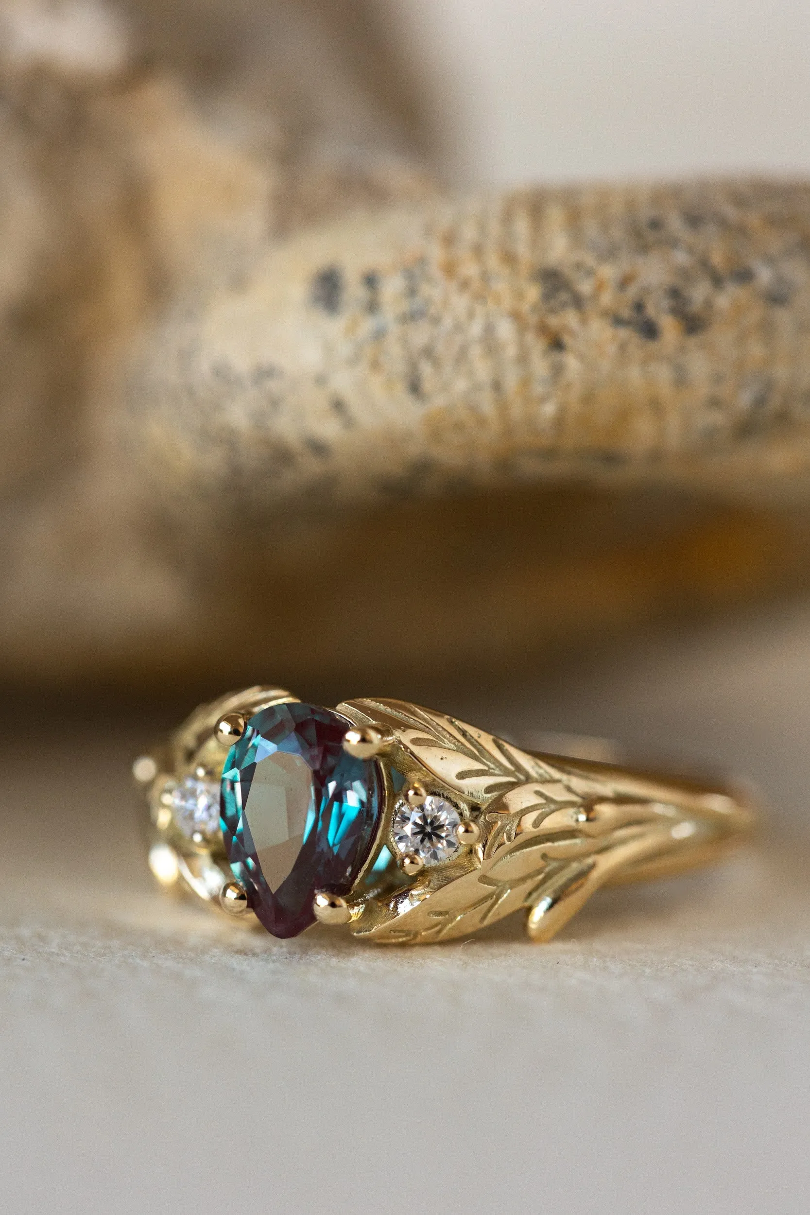 Pear alexandrite ring with diamonds, leaf engagement ring / Wisteria