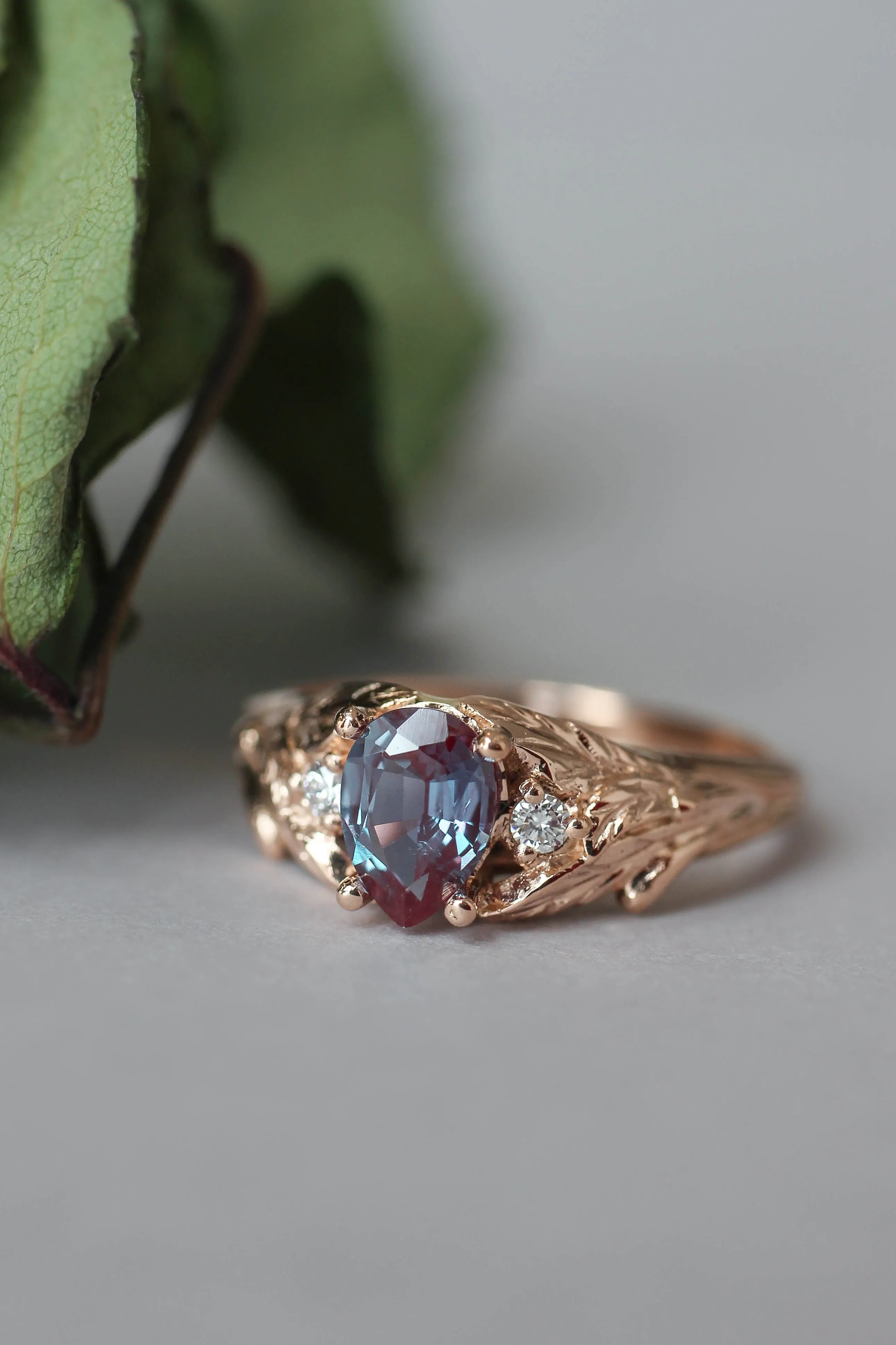 Pear alexandrite ring with diamonds, leaf engagement ring / Wisteria