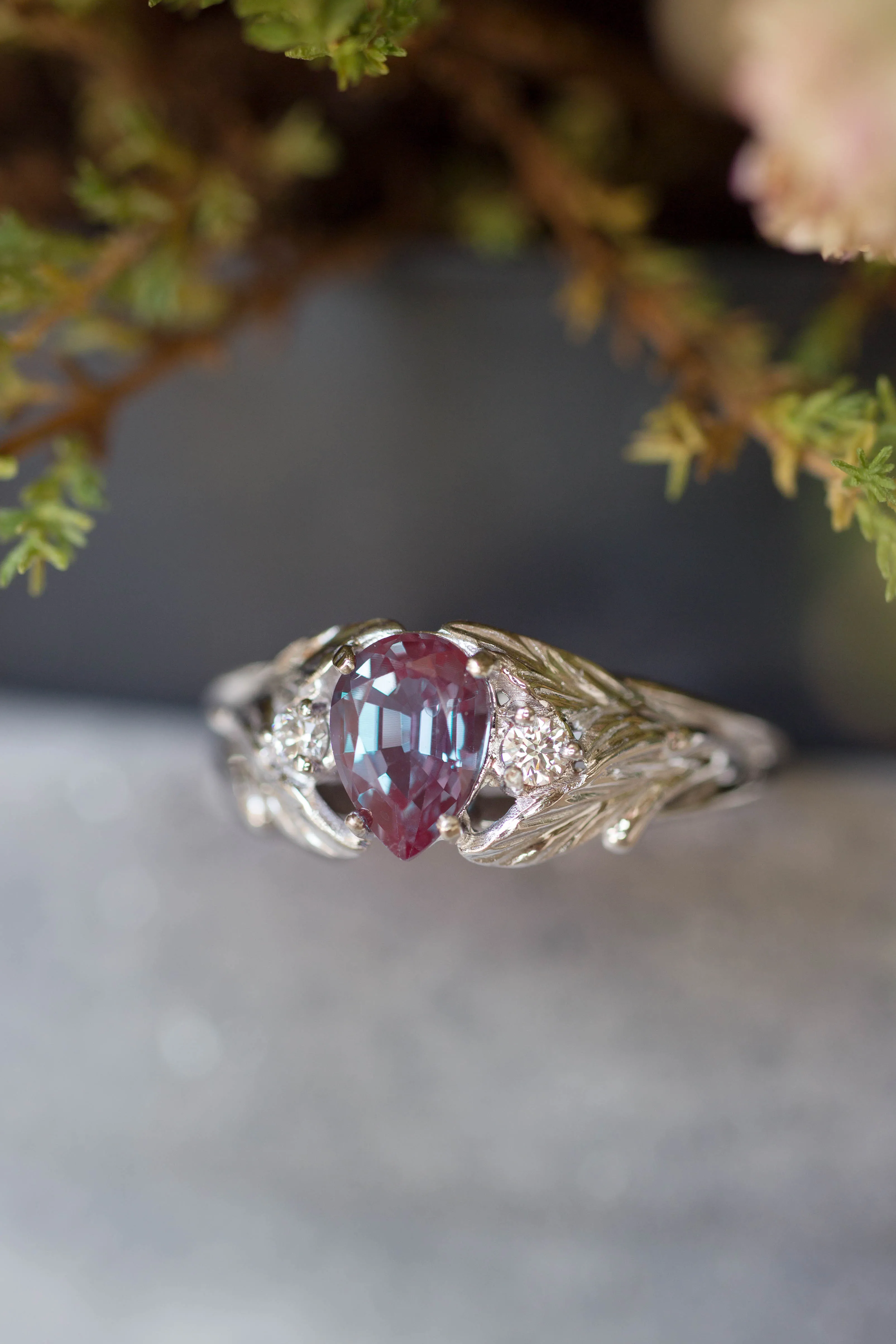 Pear alexandrite ring with diamonds, leaf engagement ring / Wisteria