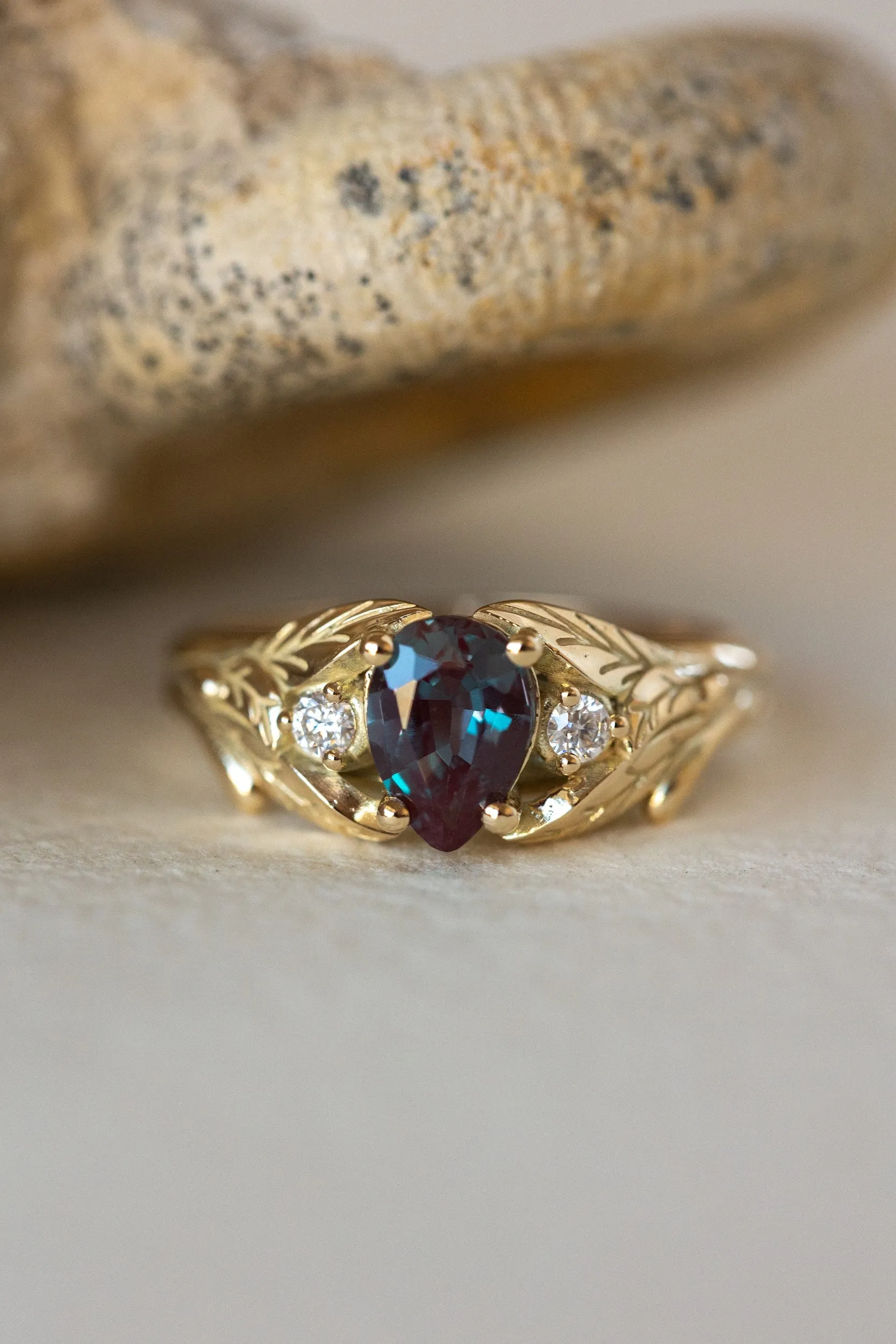 Pear alexandrite ring with diamonds, leaf engagement ring / Wisteria