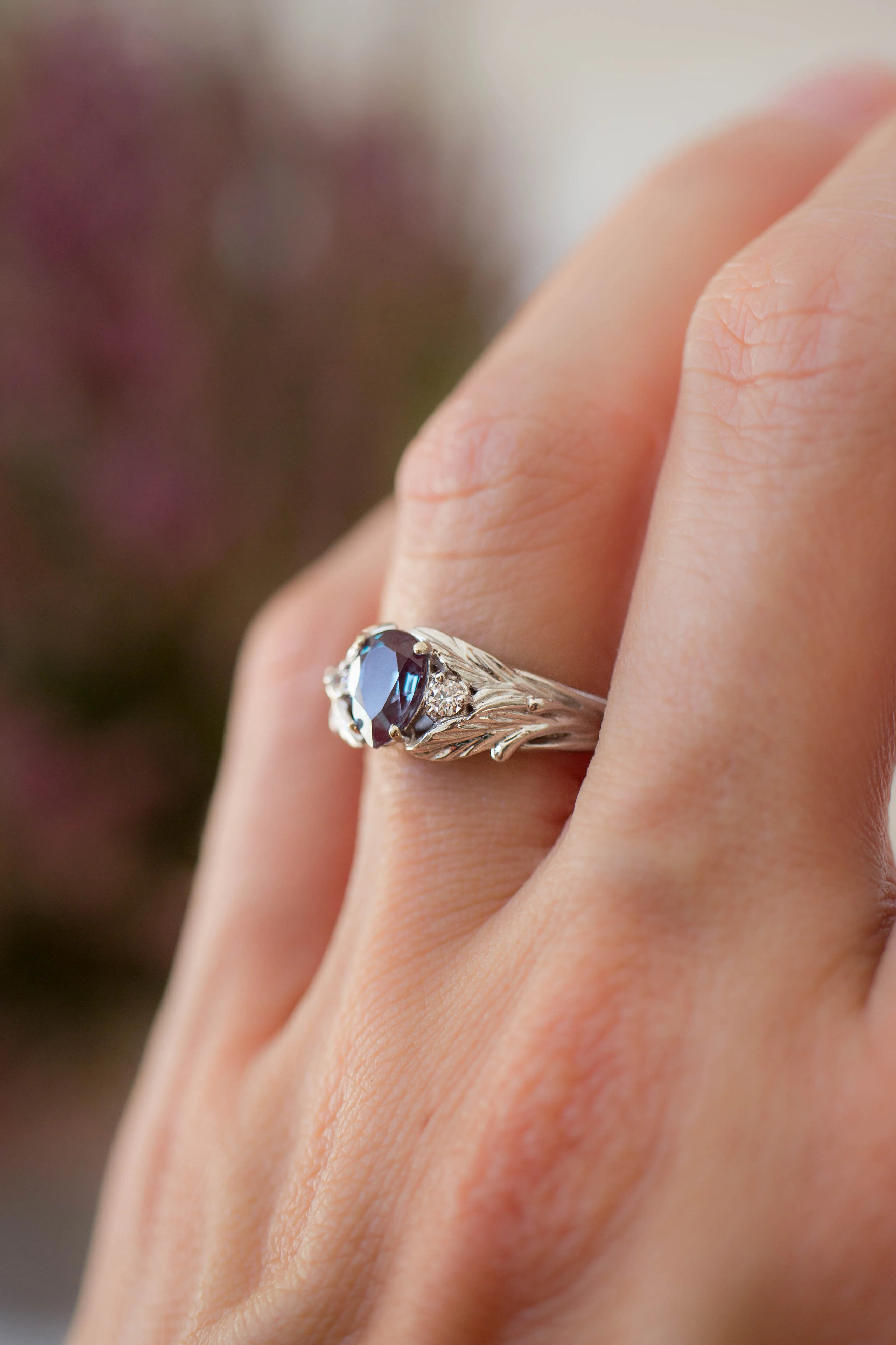 Pear alexandrite ring with diamonds, leaf engagement ring / Wisteria