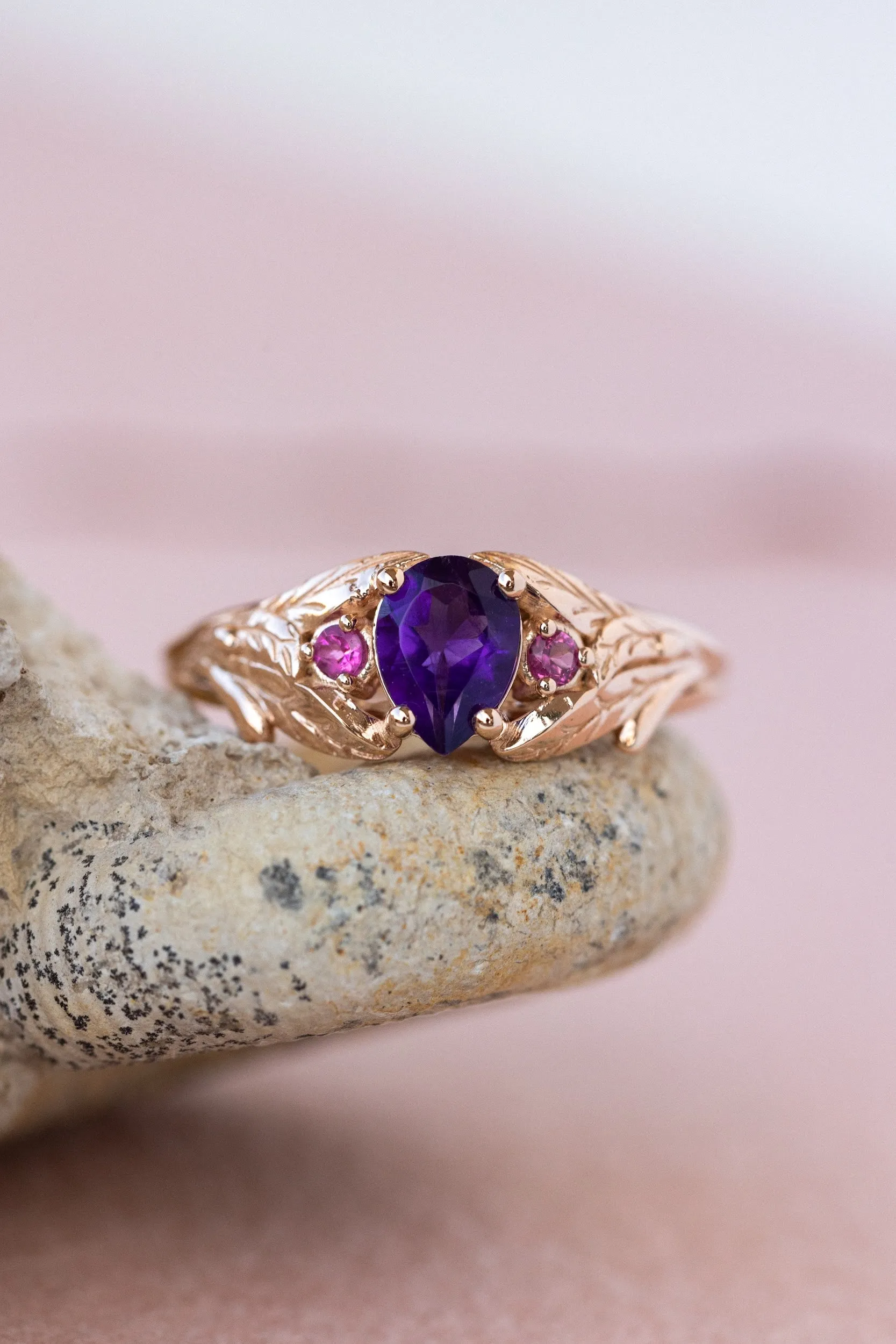 Pear amethyst engagement ring, gold leaf ring with pink tourmalines / Wisteria