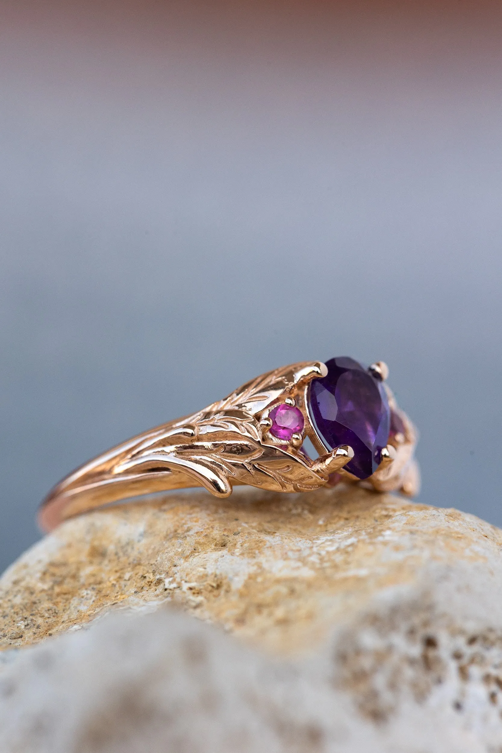 Pear amethyst engagement ring, gold leaf ring with pink tourmalines / Wisteria