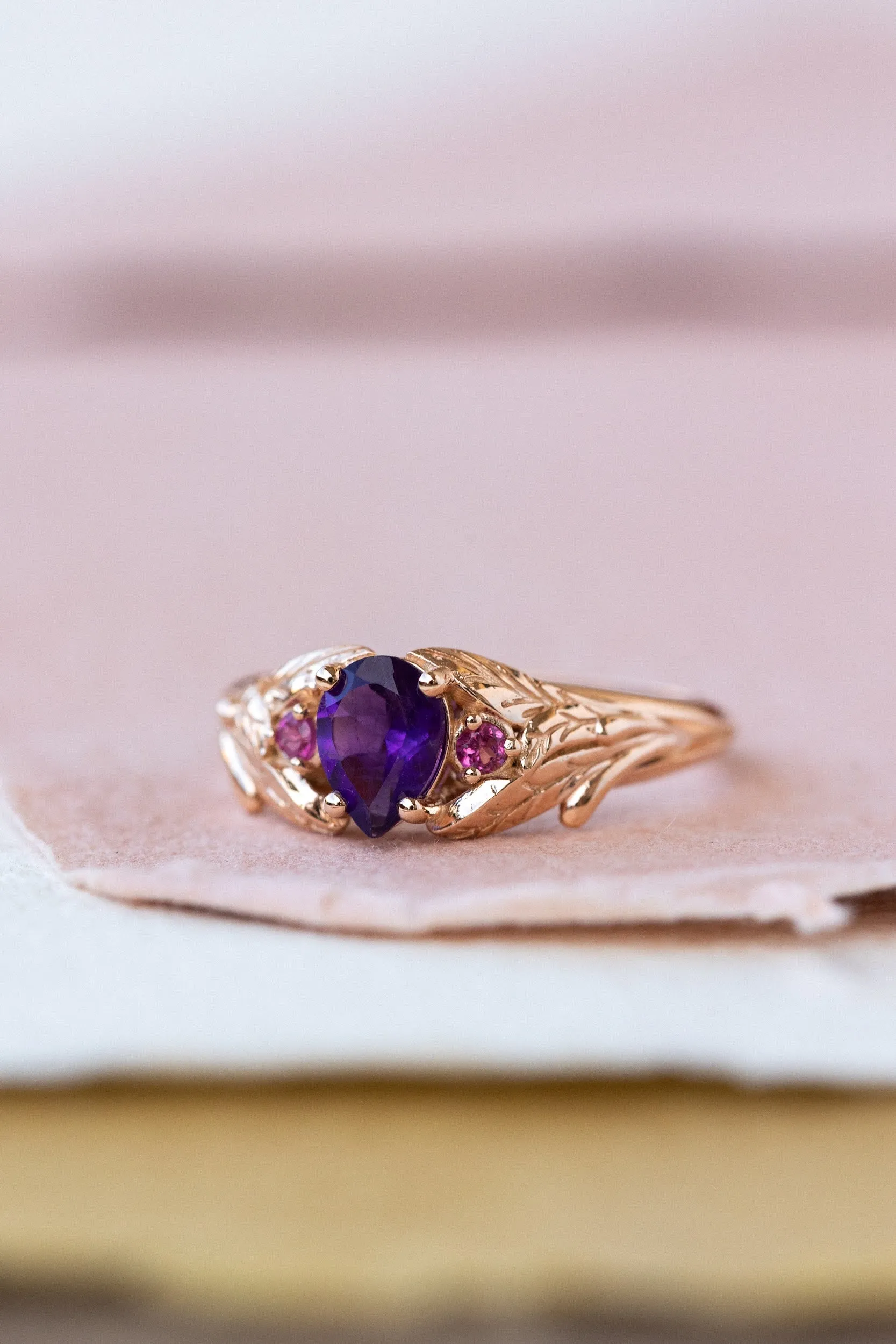 Pear amethyst engagement ring, gold leaf ring with pink tourmalines / Wisteria