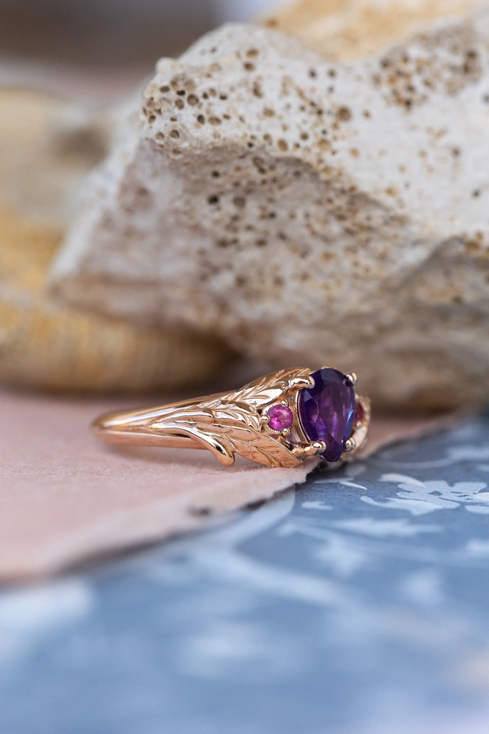 Pear amethyst engagement ring, gold leaf ring with pink tourmalines / Wisteria