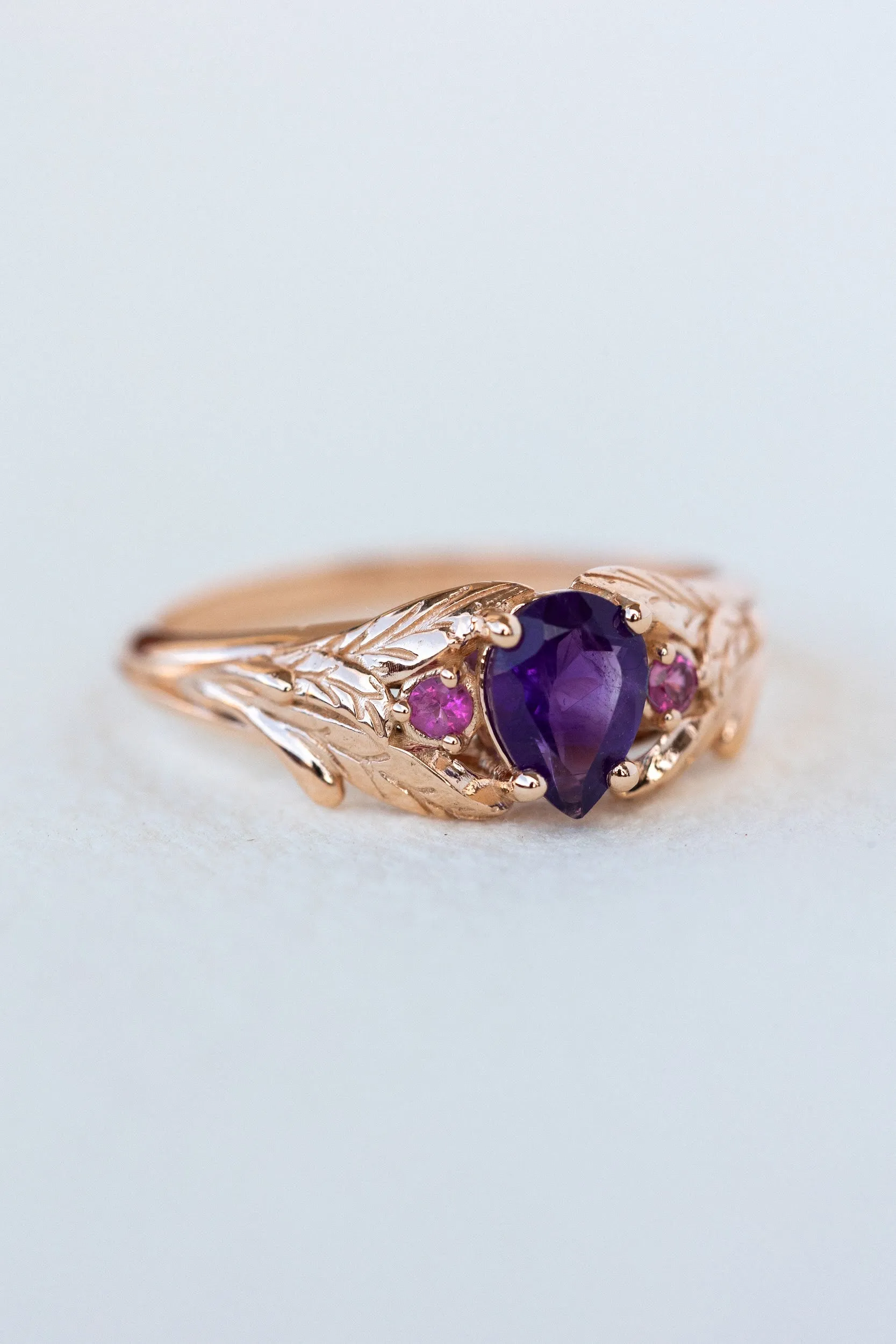 Pear amethyst engagement ring, gold leaf ring with pink tourmalines / Wisteria