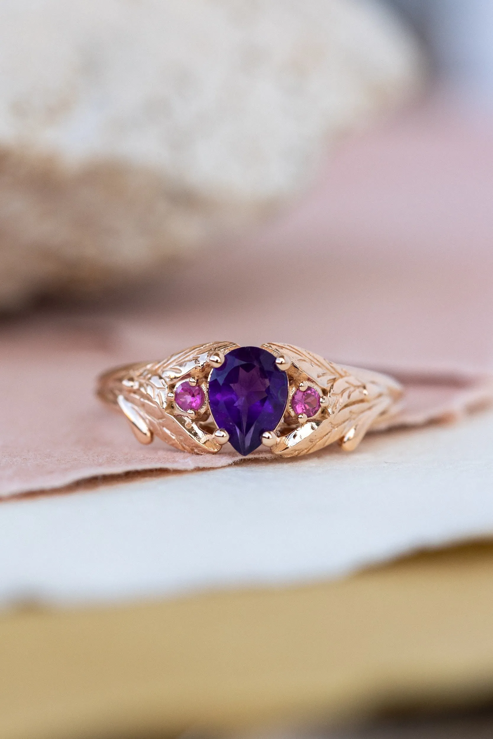 Pear amethyst engagement ring, gold leaf ring with pink tourmalines / Wisteria