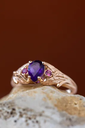 Pear amethyst engagement ring, gold leaf ring with pink tourmalines / Wisteria