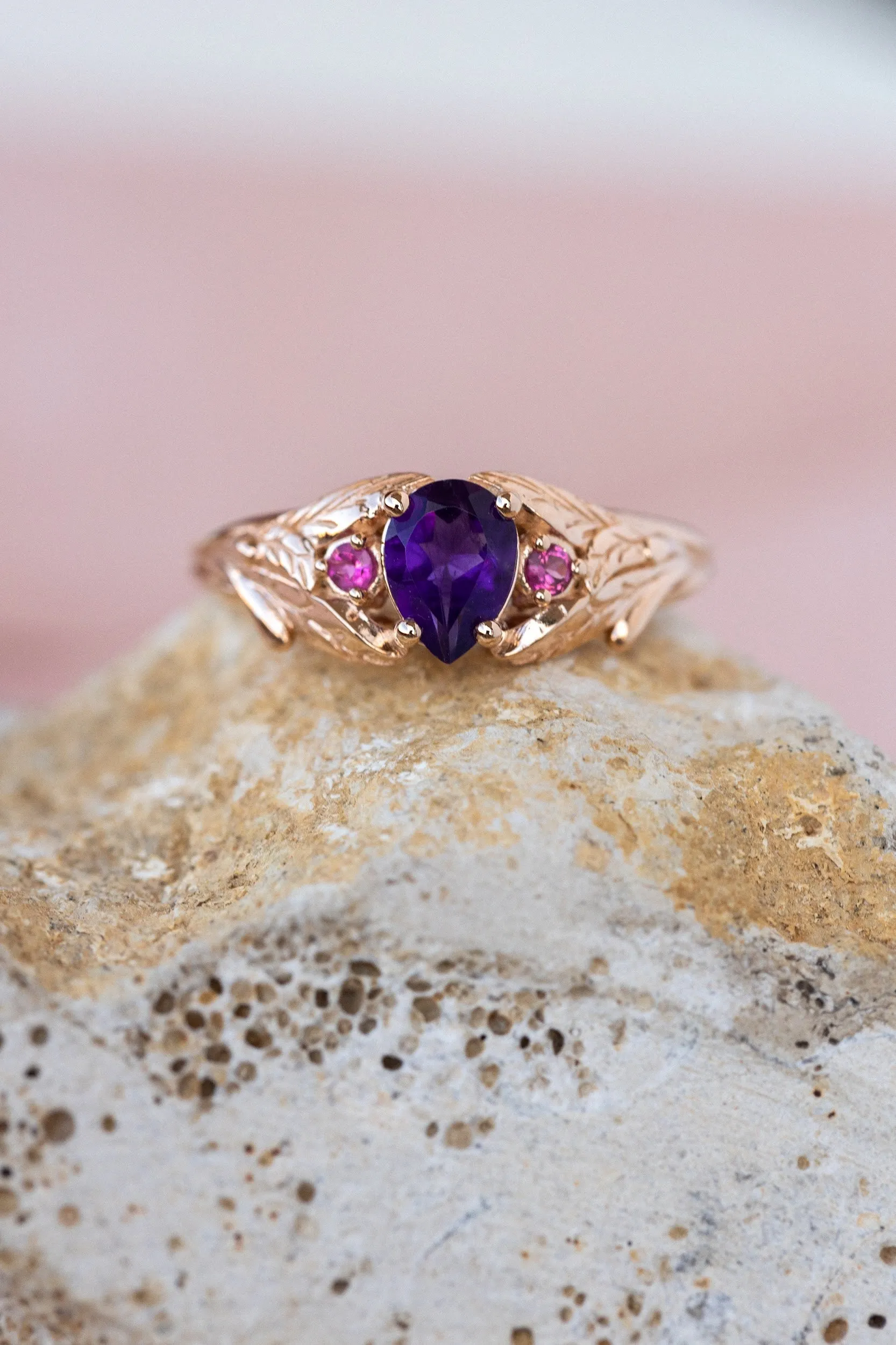 Pear amethyst engagement ring, gold leaf ring with pink tourmalines / Wisteria