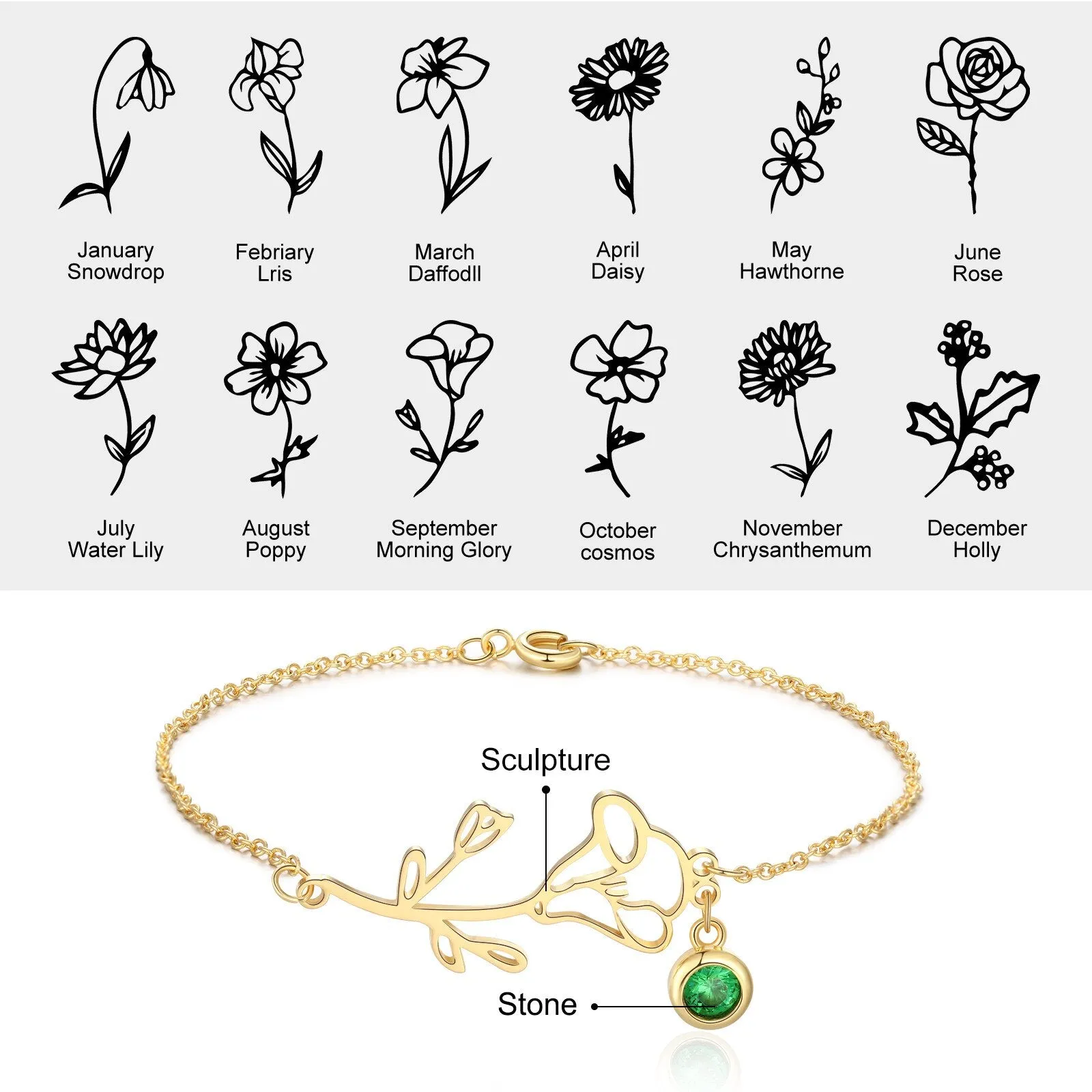 Personalized Birth Flower Bracelet with Custom Birthstone Customized 925 Sterling Silver /Copper Bracelets for Women Jewelry