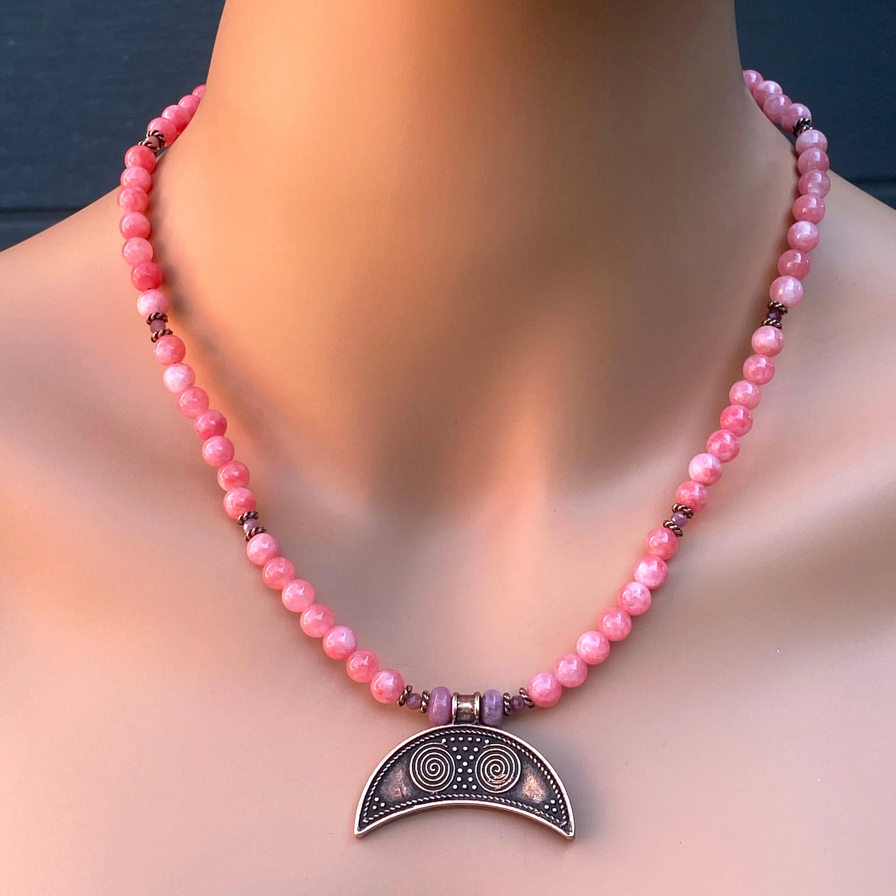 Pink Angelite and Pink Tourmaline gemstone and copper Moon pendant necklace